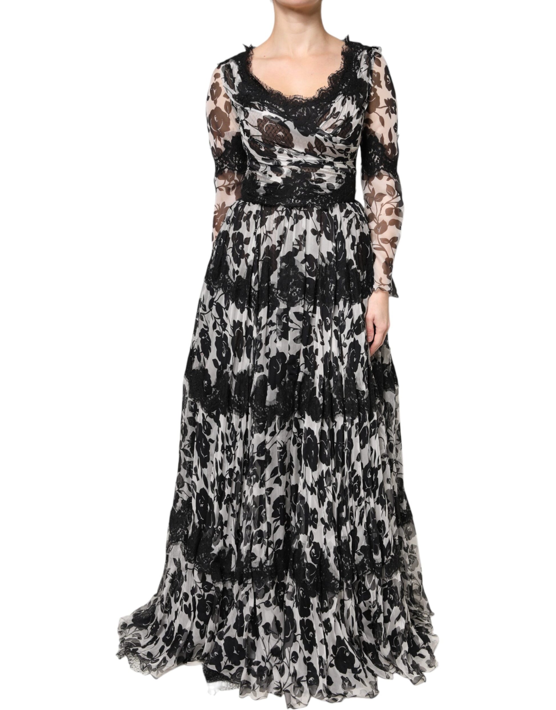 Robe longue Dolce & Gabbana en soie noire avec dentelle florale Ricamo