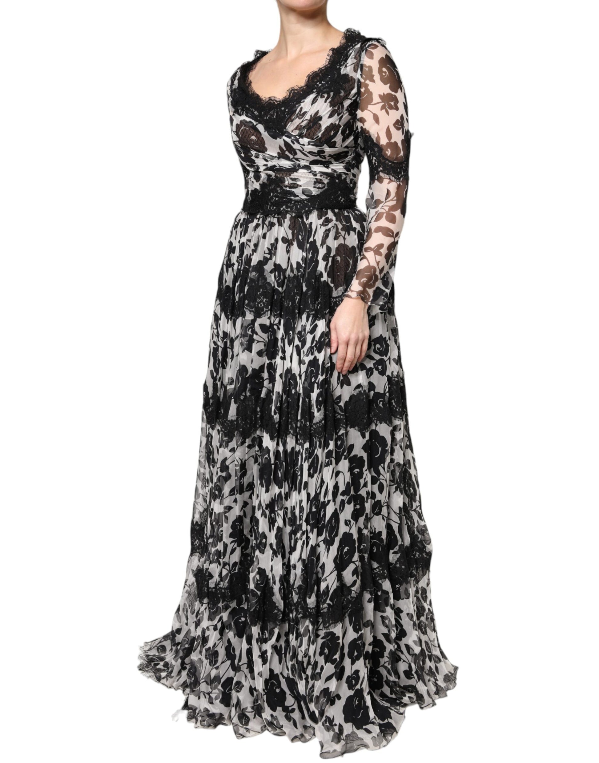 Robe longue Dolce & Gabbana en soie noire avec dentelle florale Ricamo