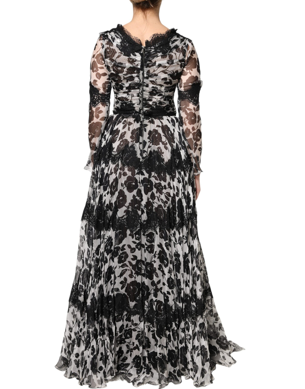 Robe longue Dolce & Gabbana en soie noire avec dentelle florale Ricamo
