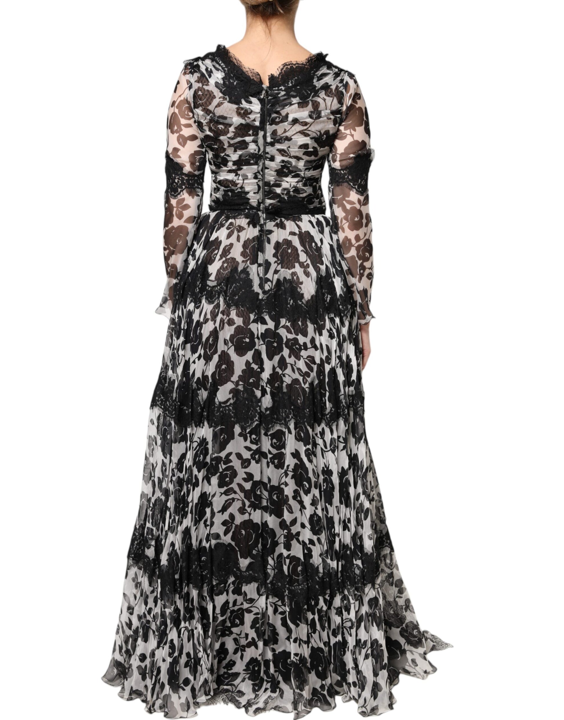 Robe longue Dolce & Gabbana en soie noire avec dentelle florale Ricamo