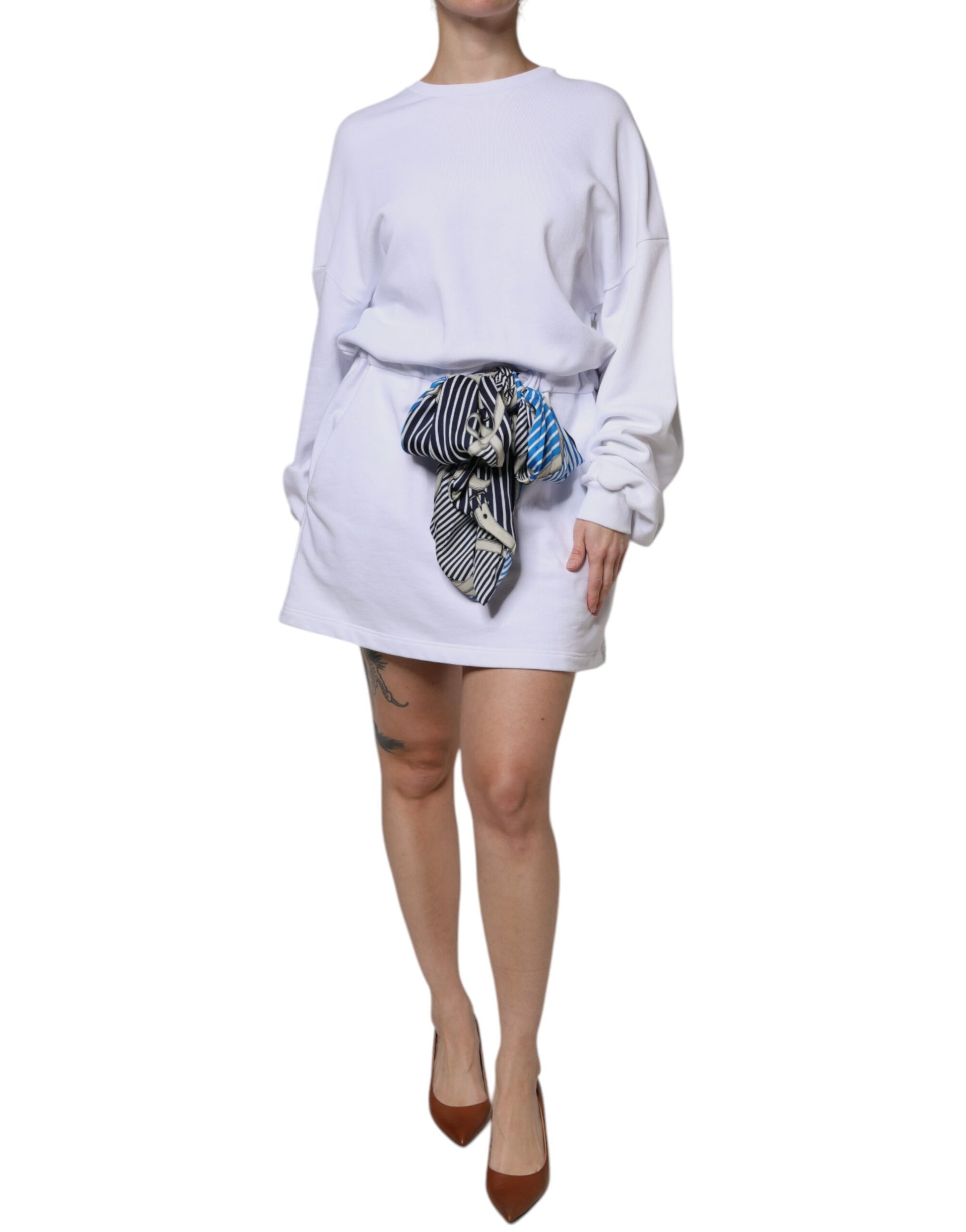 MSGM – Weißes Minikleid aus Baumwolle mit Gürtel und langen Ärmeln sowie Rundhalsausschnitt
