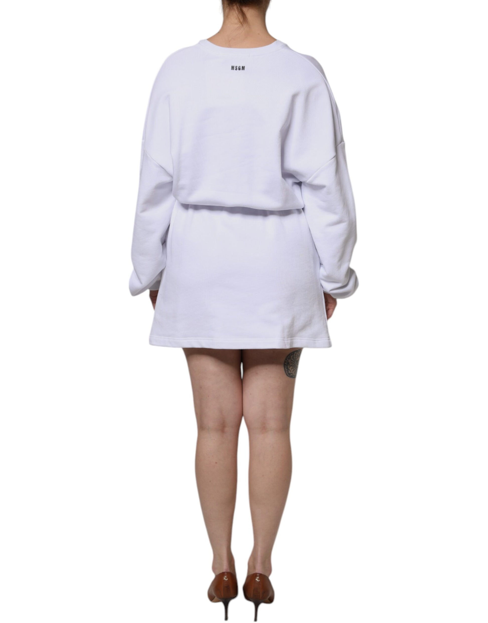 MSGM – Weißes Minikleid aus Baumwolle mit Gürtel und langen Ärmeln sowie Rundhalsausschnitt