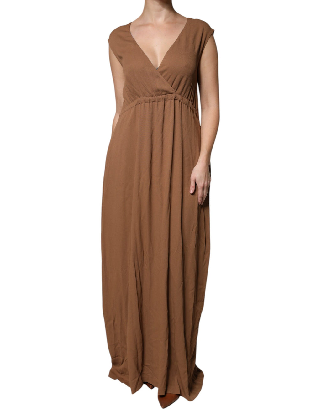 Robe longue sans manches évasée marron à col en V profond Fabiana Filippi
