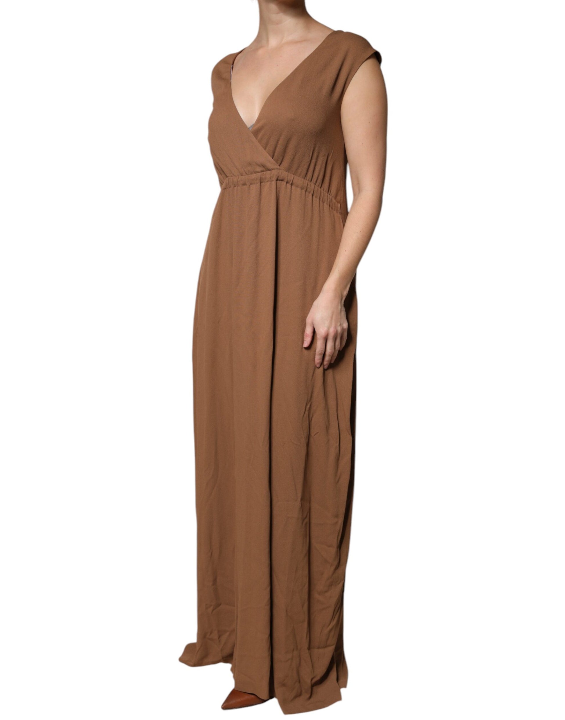Robe longue sans manches évasée marron à col en V profond Fabiana Filippi