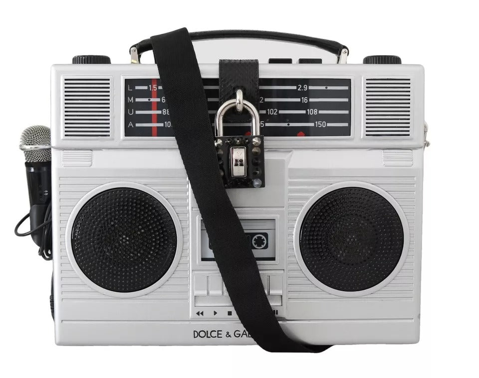 Sac en bois fait main Dolce & Gabbana Silver Retro Radio Boombox Édition Limitée