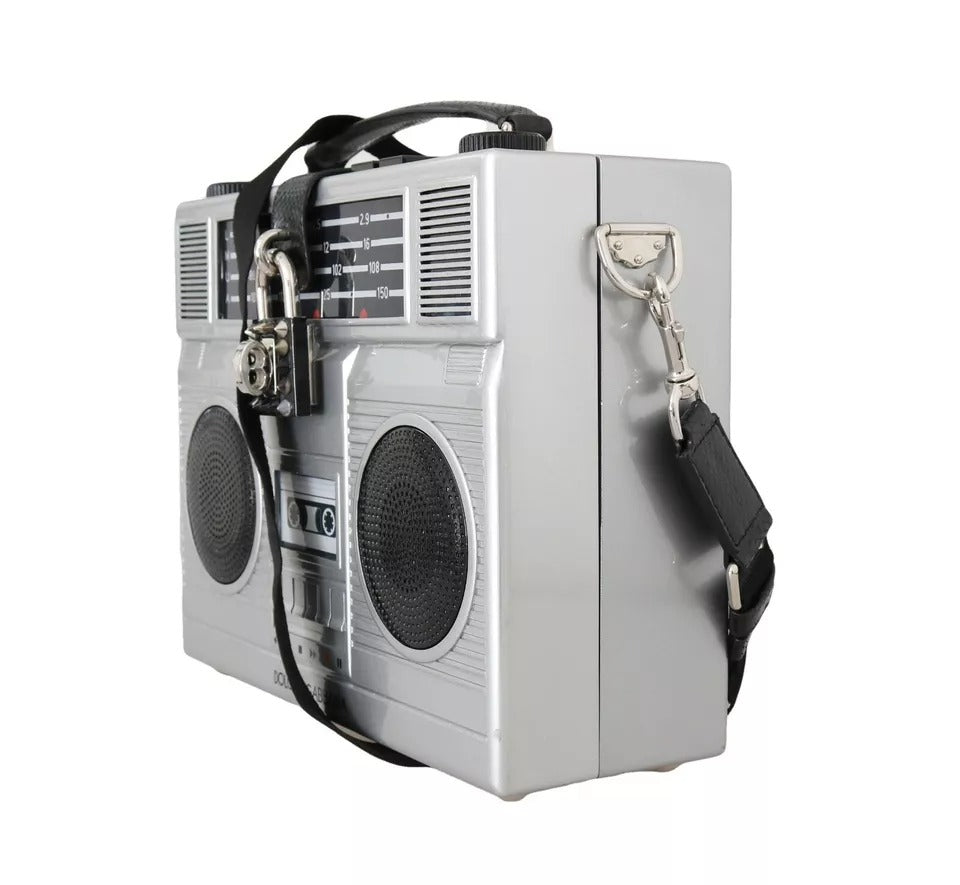 Sac en bois fait main Dolce & Gabbana Silver Retro Radio Boombox Édition Limitée