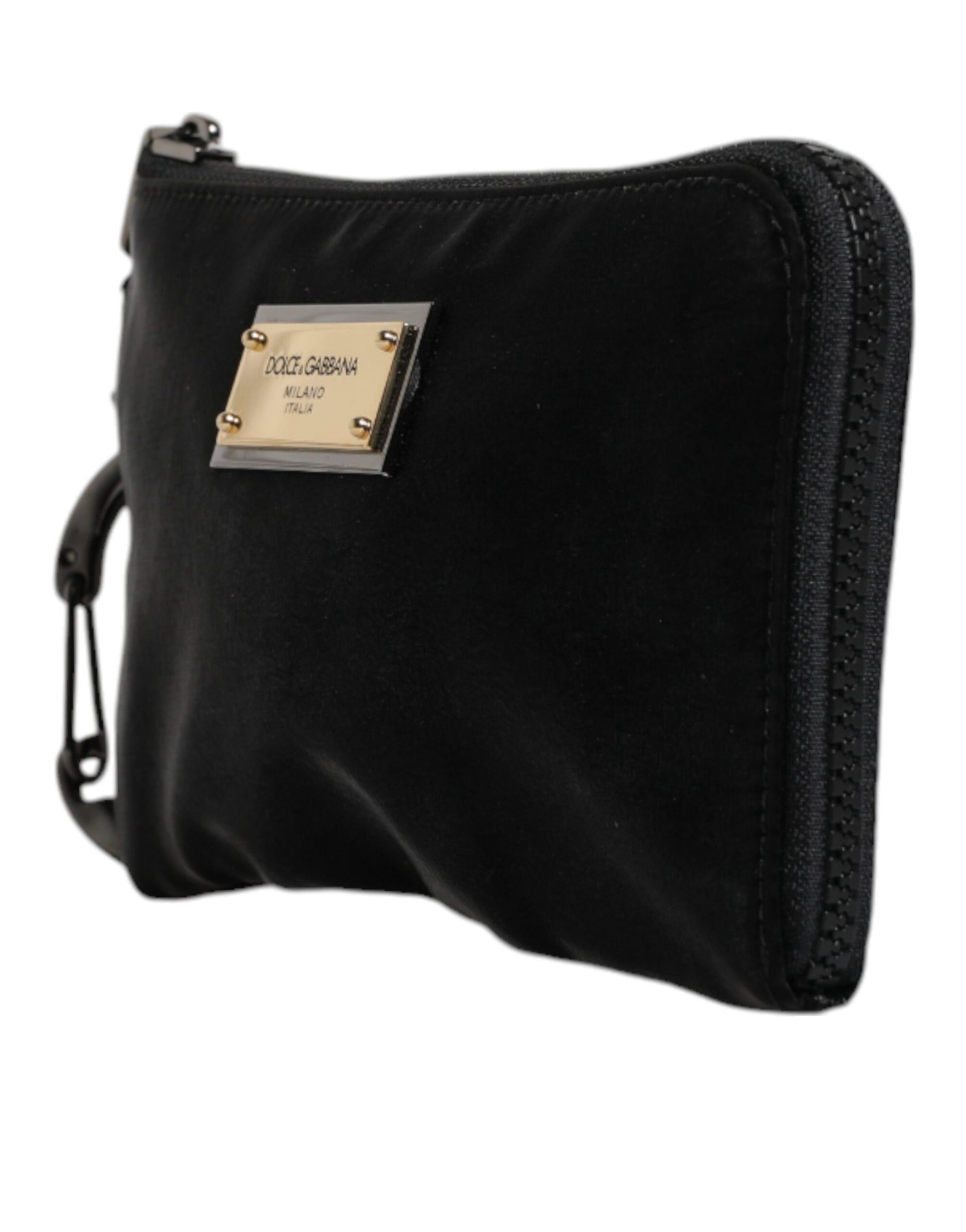 Dolce &amp; Gabbana – Schwarze Clutch aus Nylon mit Schlüsselanhänger und Logo-Schild