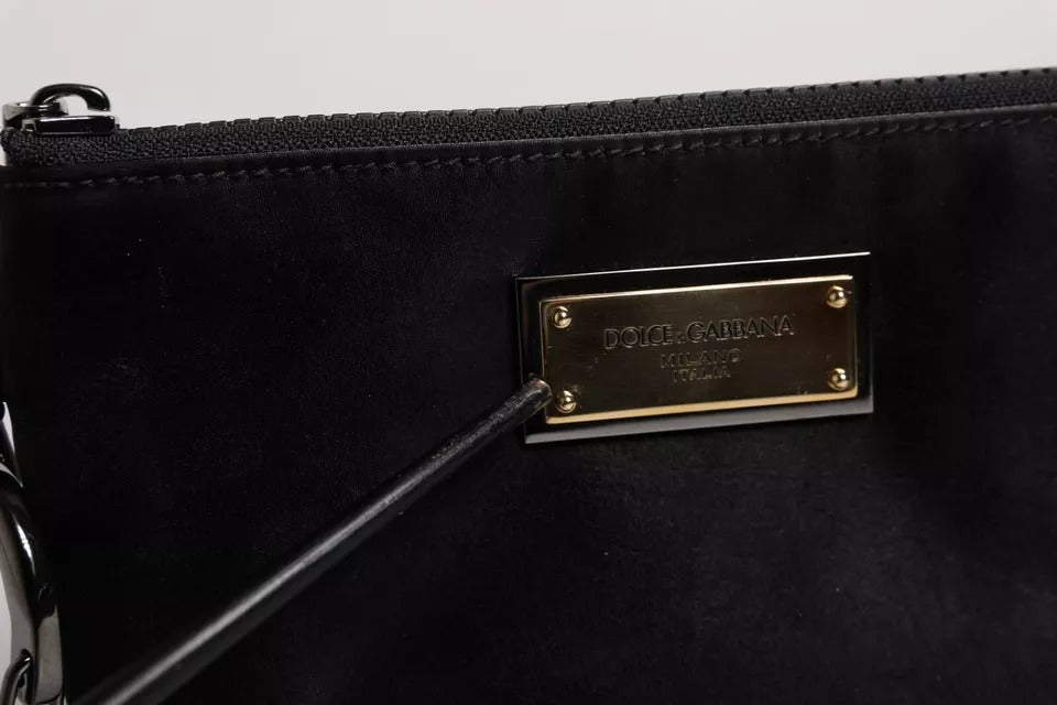 Dolce &amp; Gabbana – Schwarze Clutch aus Nylon mit Schlüsselanhänger und Logo-Schild