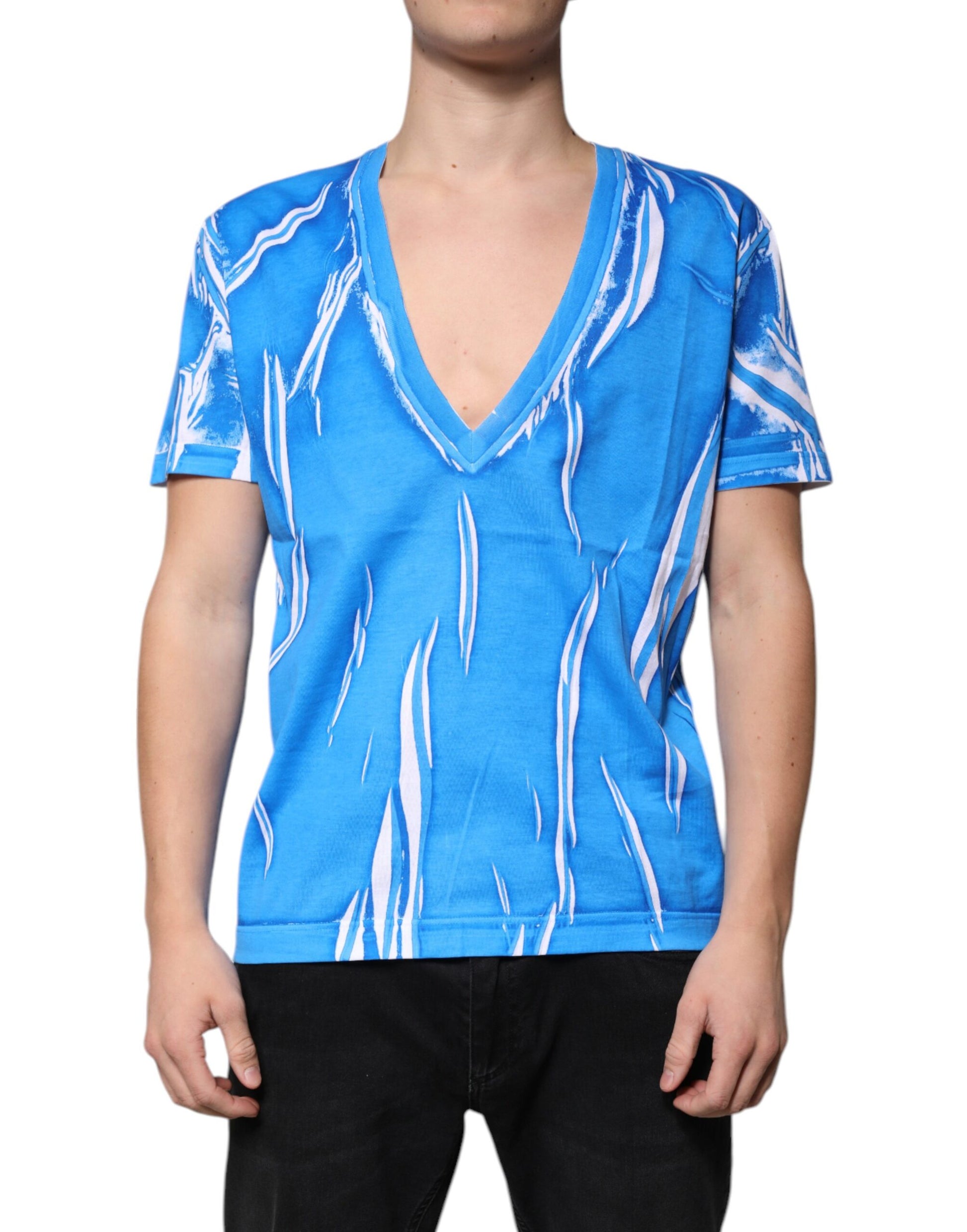 T-shirt Dolce & Gabbana en coton bleu à col en V et manches courtes