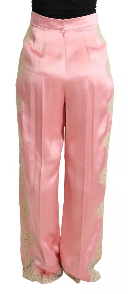 Pantalon ample en satin de soie rose Dolce & Gabbana avec dentelle