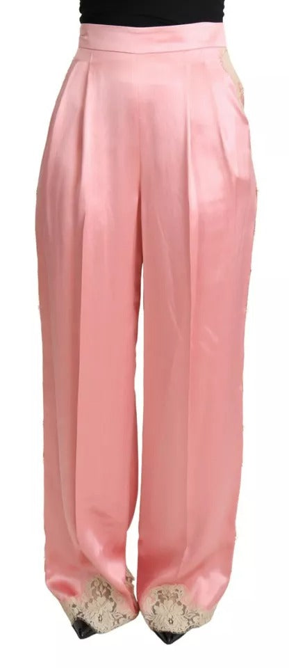 Pantalon ample en satin de soie rose Dolce & Gabbana avec dentelle