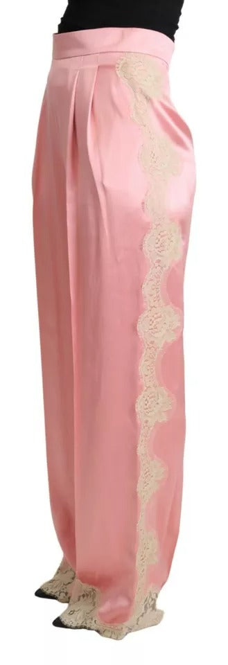 Pantalon ample en satin de soie rose Dolce & Gabbana avec dentelle