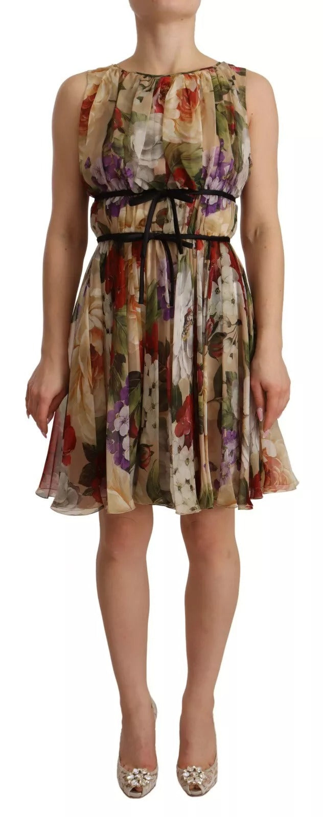 Mini-robe sans manches Dolce & Gabbana beige à imprimé floral et col rond