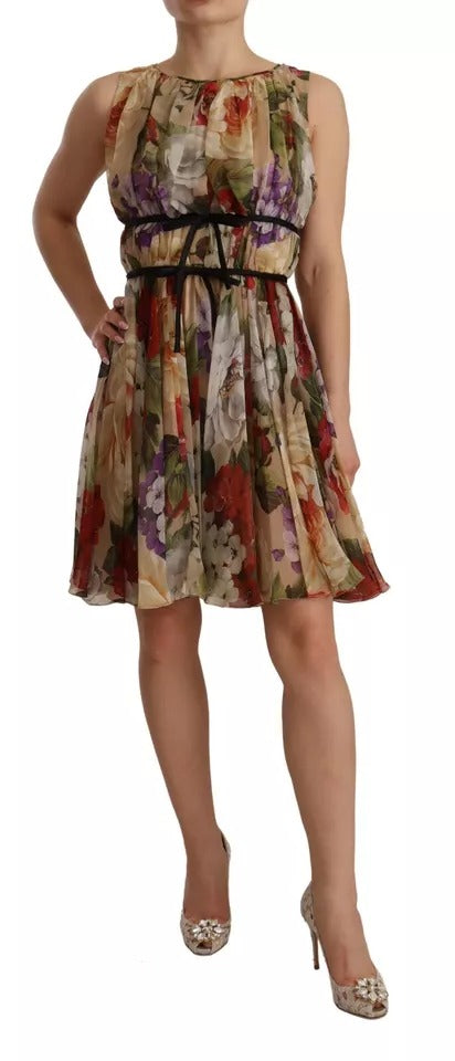 Mini-robe sans manches Dolce & Gabbana beige à imprimé floral et col rond