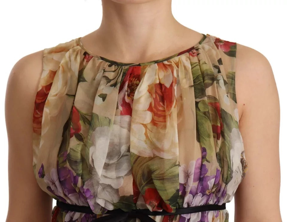 Mini-robe sans manches Dolce & Gabbana beige à imprimé floral et col rond