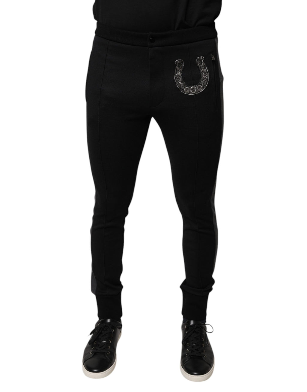Pantalon slim en laine noir orné de fers à cheval Dolce & Gabbana