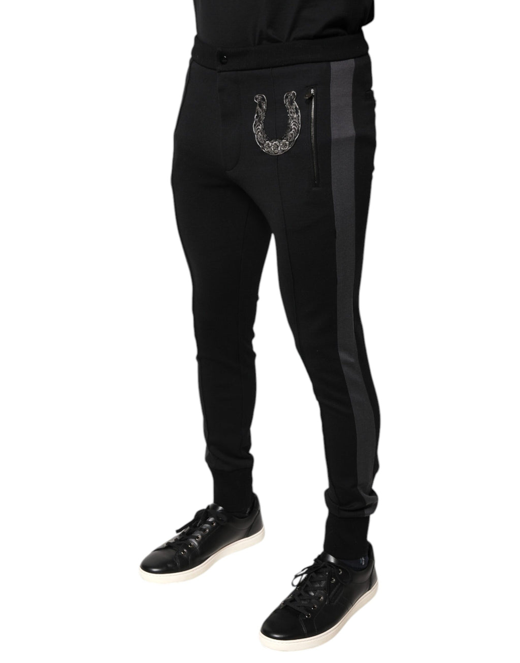 Pantalon slim en laine noir orné de fers à cheval Dolce & Gabbana