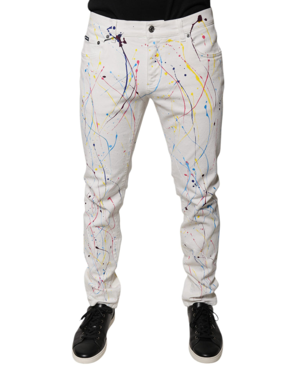Dolce & Gabbana Jean Skinny en Denim Imprimé Effet Peinture Blanche