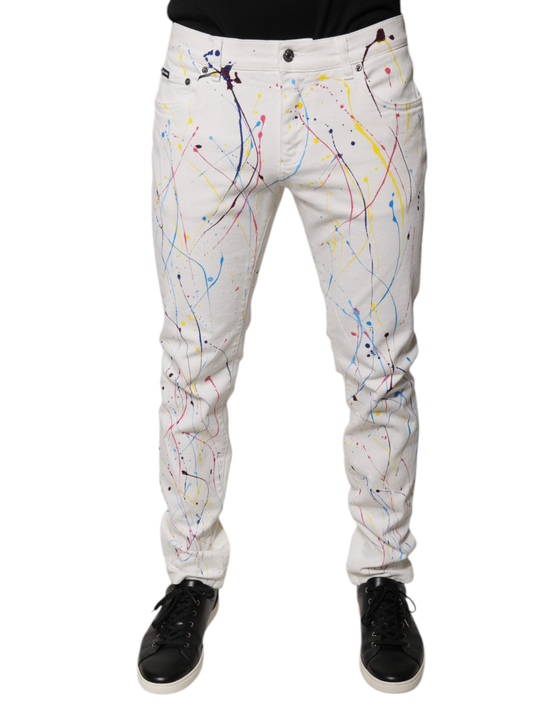 Dolce & Gabbana Jean Skinny en Denim Imprimé Effet Peinture Blanche