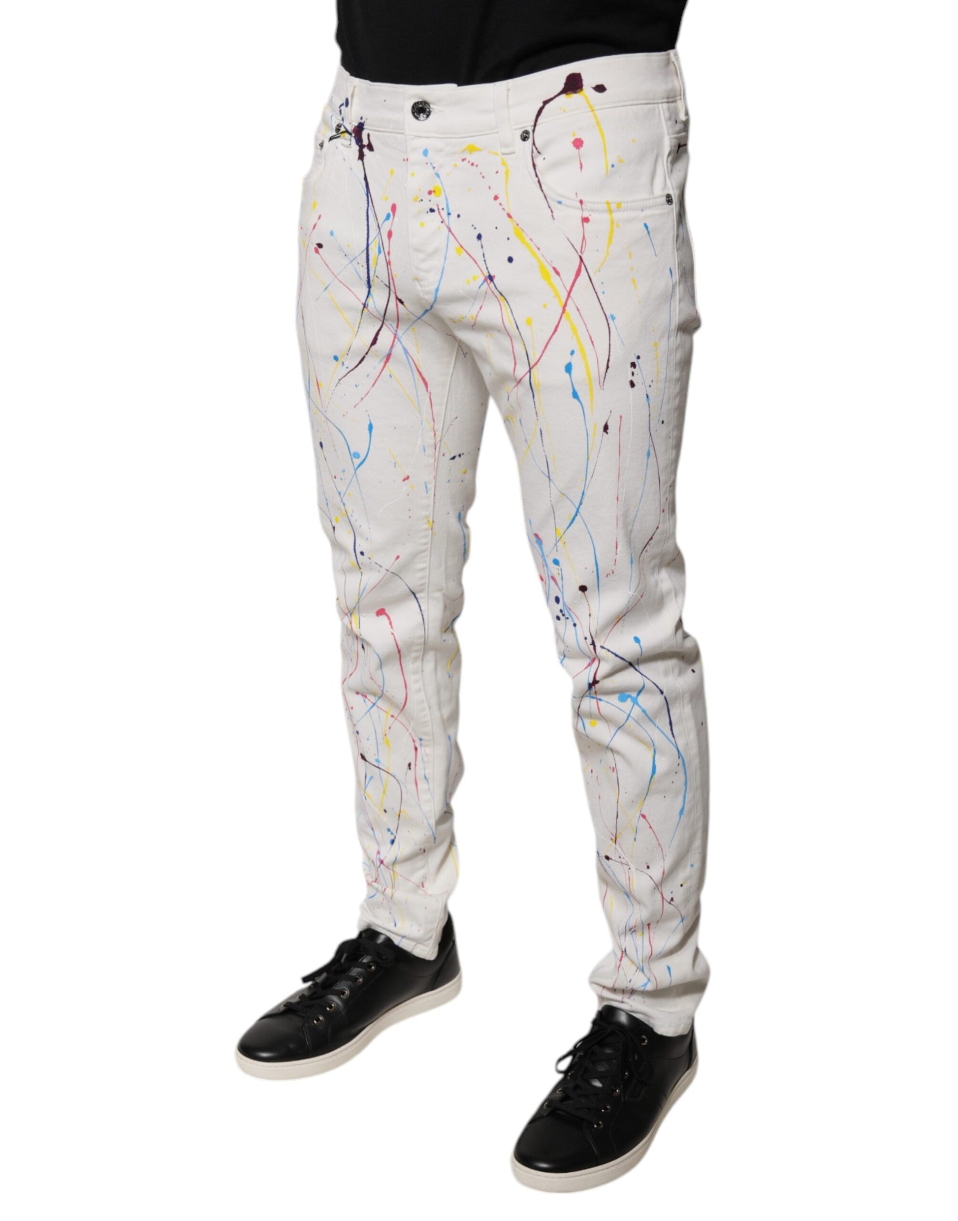 Dolce & Gabbana Jean Skinny en Denim Imprimé Effet Peinture Blanche