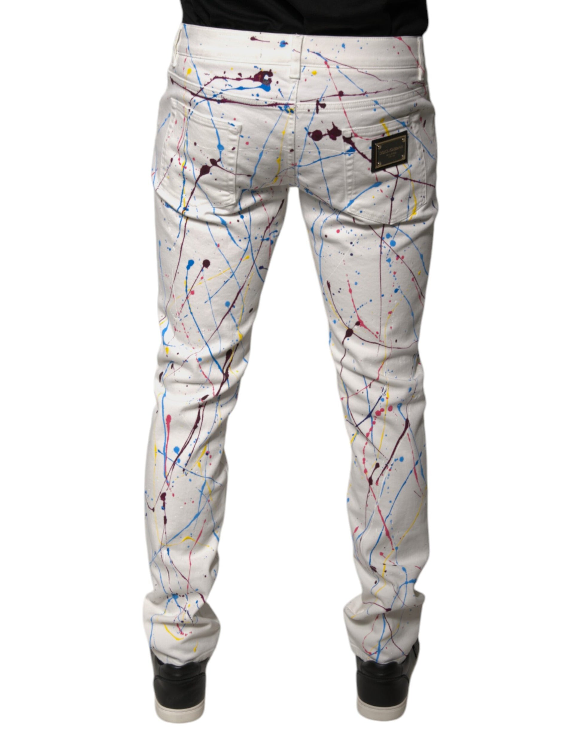 Dolce & Gabbana Jean Skinny en Denim Imprimé Effet Peinture Blanche
