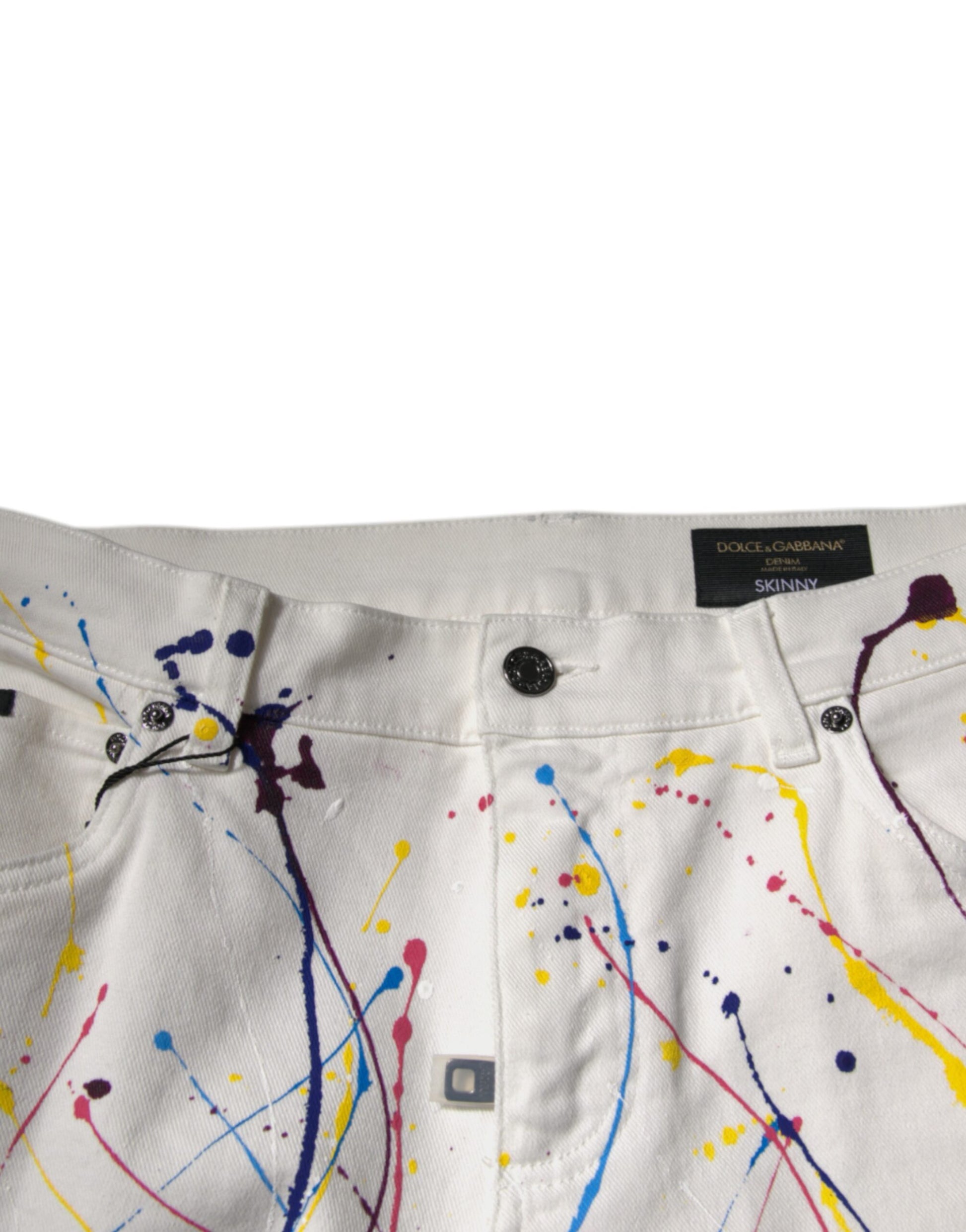 Dolce & Gabbana Jean Skinny en Denim Imprimé Effet Peinture Blanche