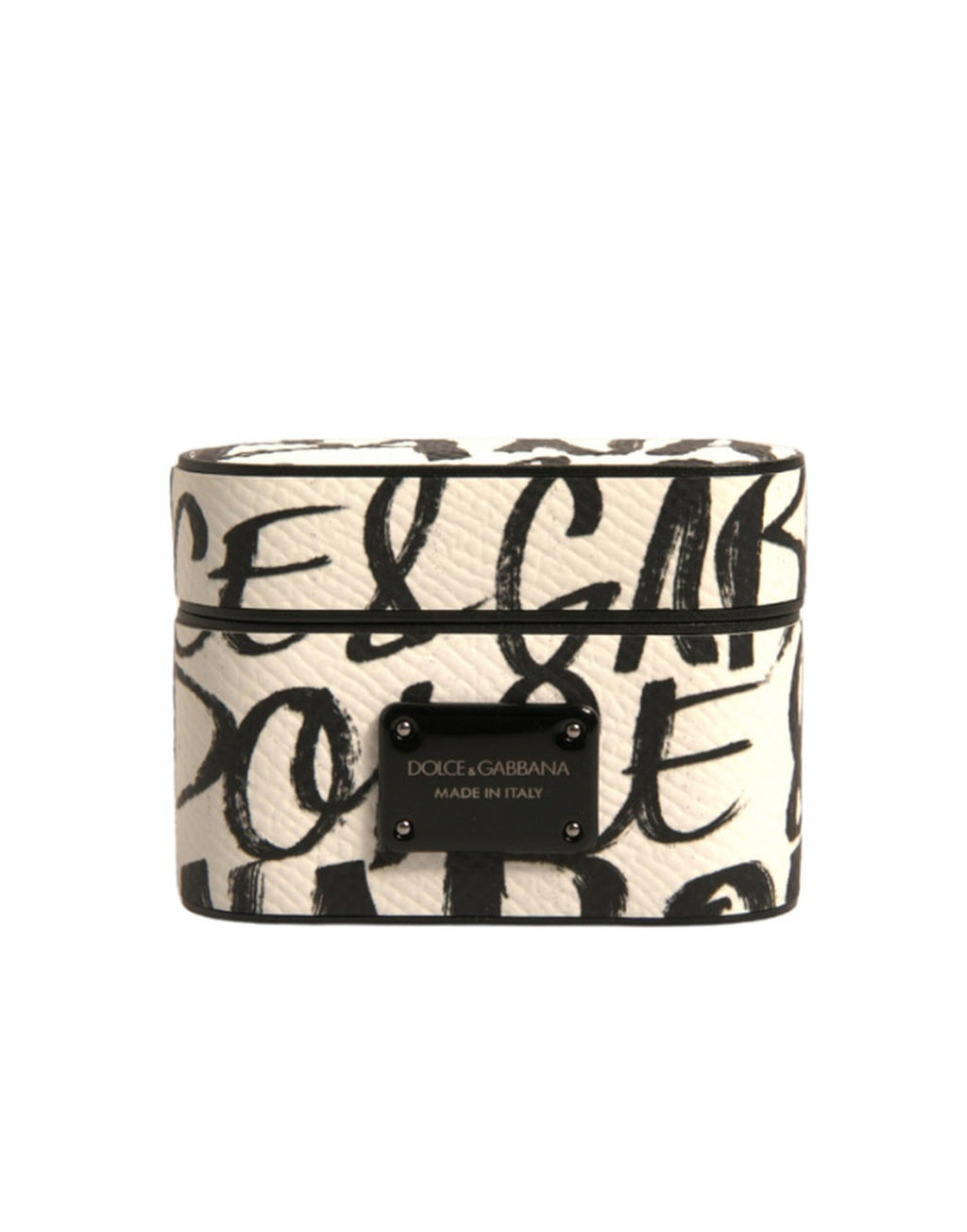 Étui AirPods Dolce & Gabbana en Cuir Noir et Blanc avec Logo Gaufré Effet Gribouillis