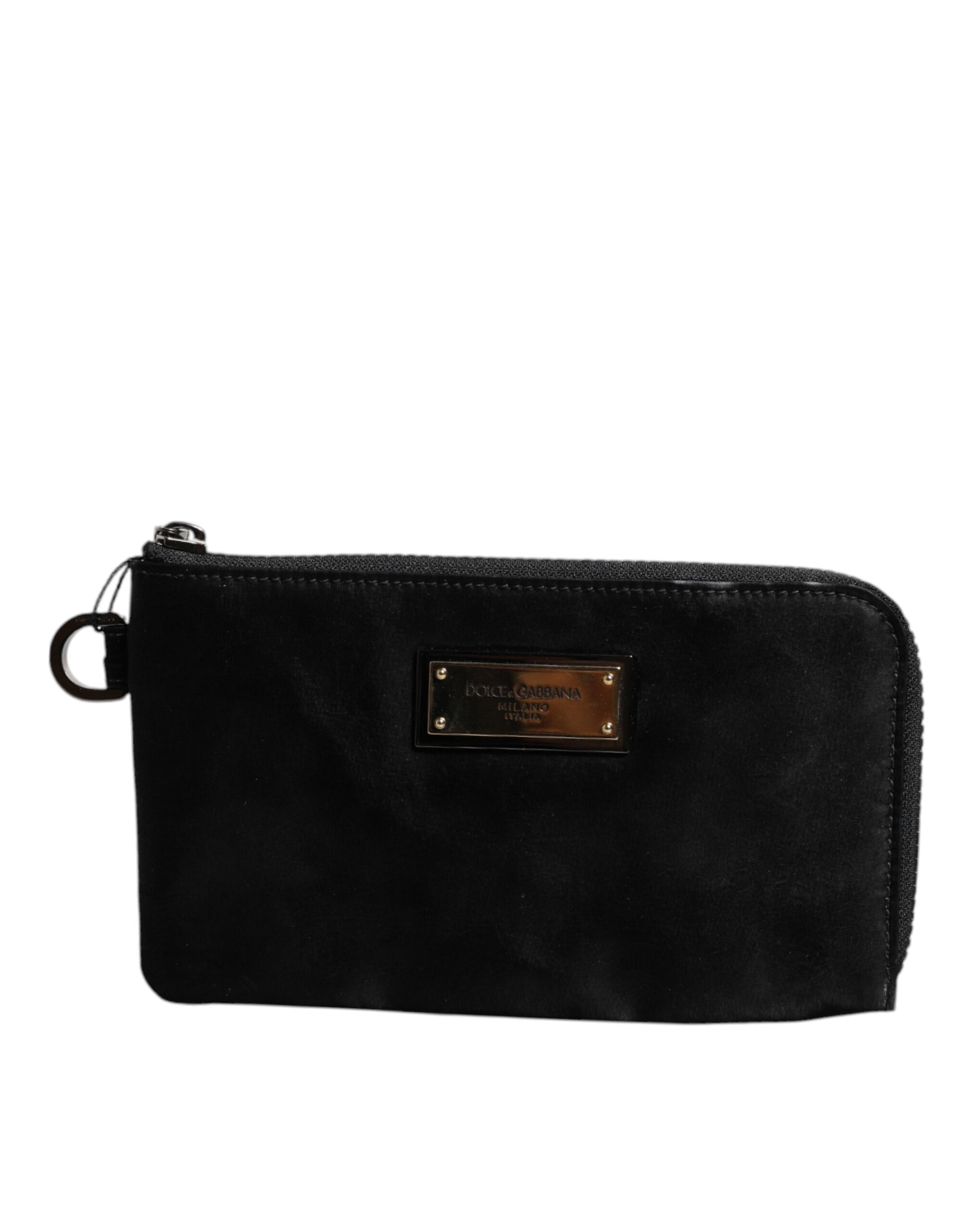 Dolce &amp; Gabbana – Schwarze Clutch aus Nylon mit Schlüsselanhänger und Logo-Schild