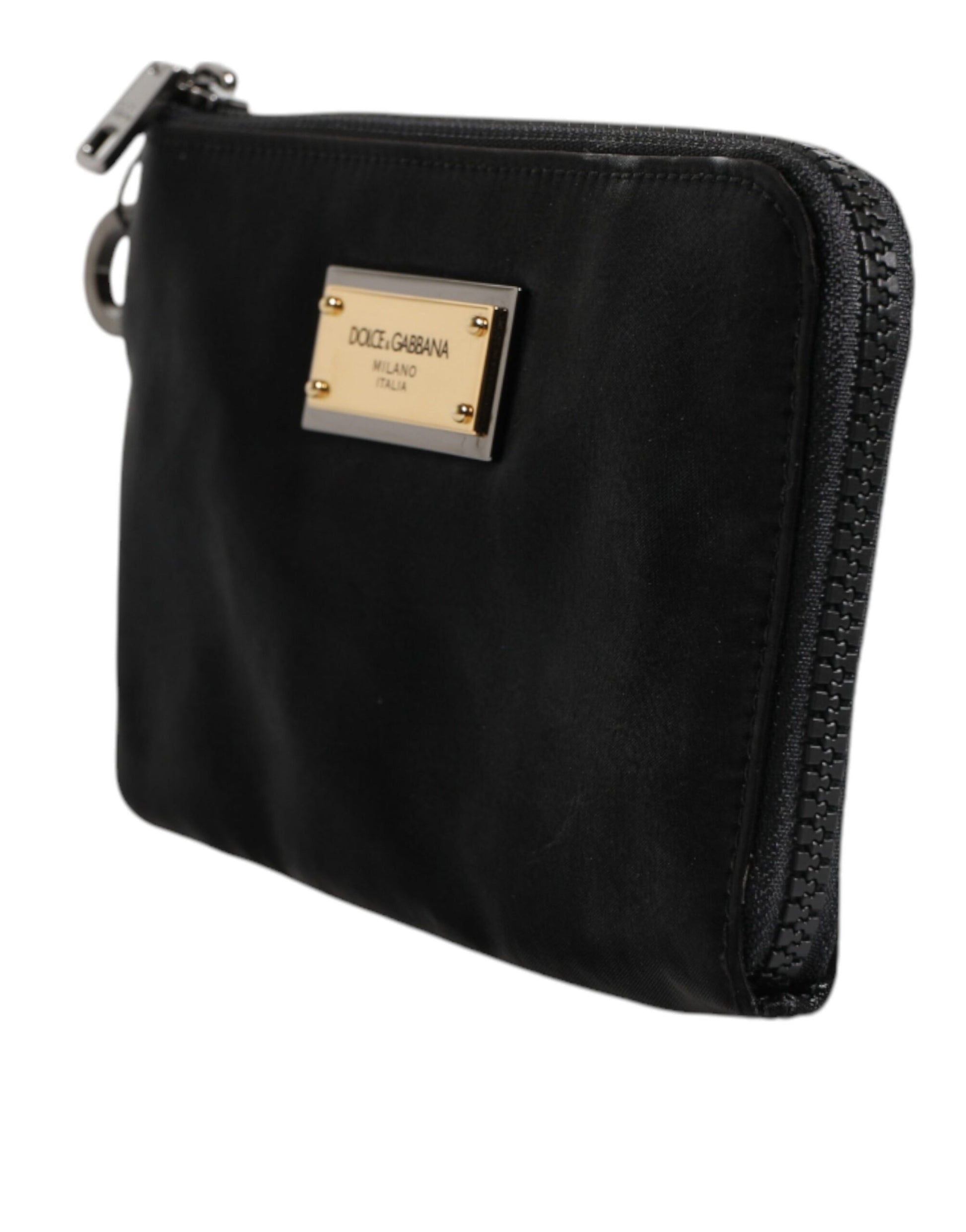 Dolce &amp; Gabbana – Schwarze Clutch aus Nylon mit Schlüsselanhänger und Logo-Schild