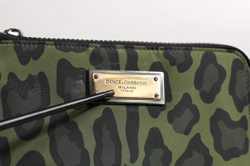 Trousse multifonctionnelle Dolce & Gabbana en cuir léopard vert avec plaque logo