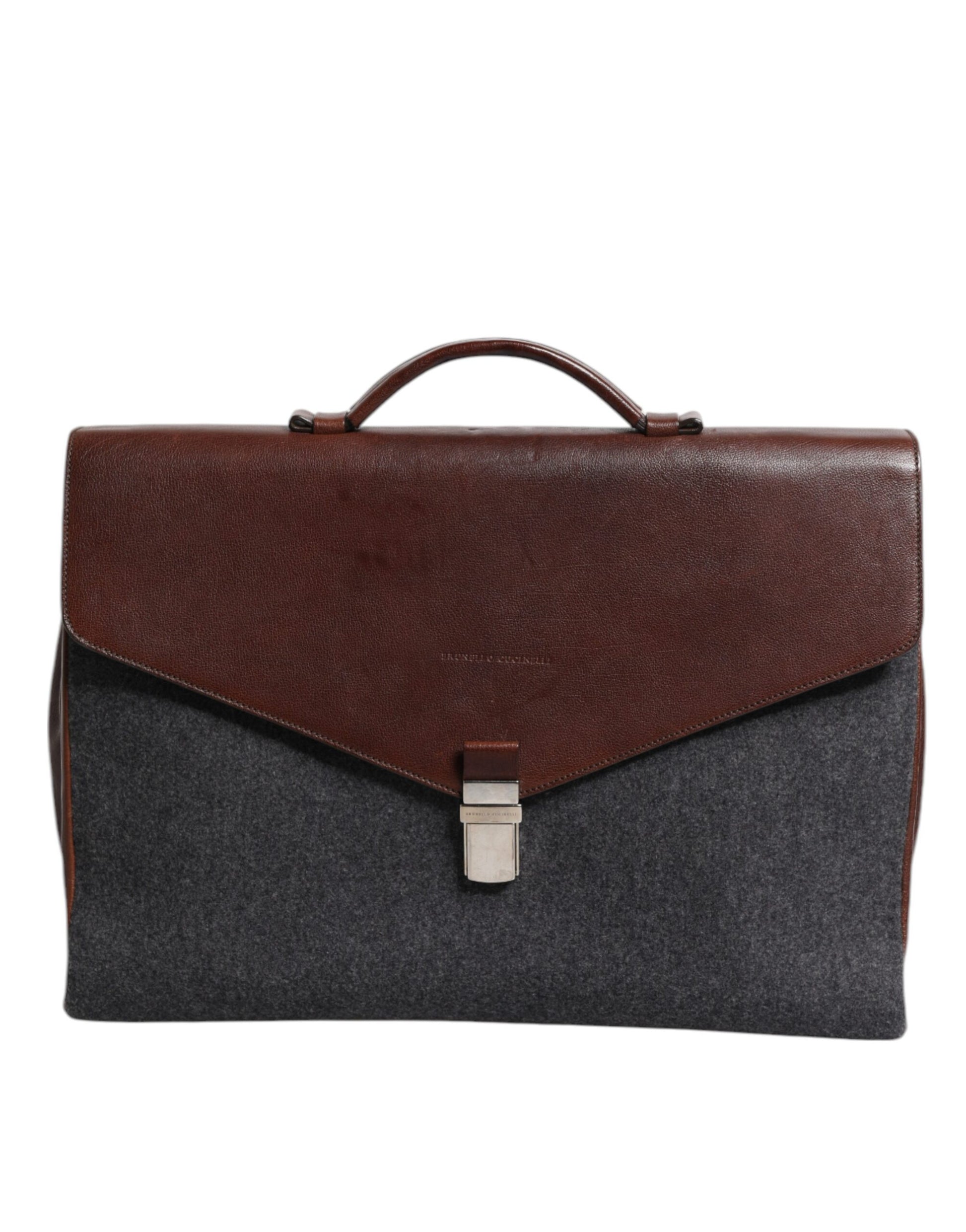 Brunello Cucinelli Braun-Graue Leder Cognac Wolle Business Tote Bag
