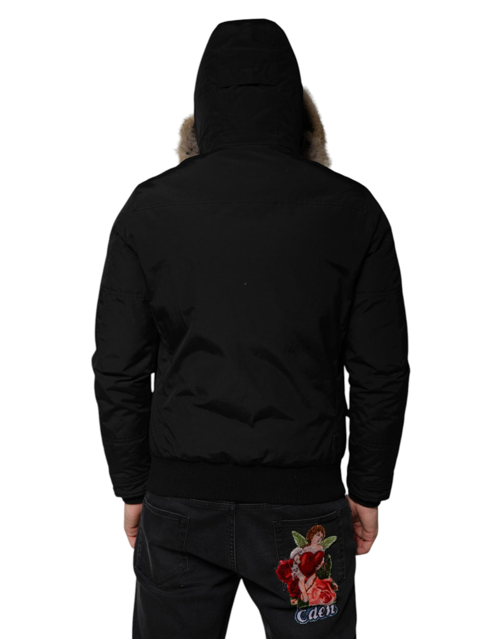 Woolrich – Schwarze, langärmlige Manteljacke aus Pelz und Lammfell mit Kapuze