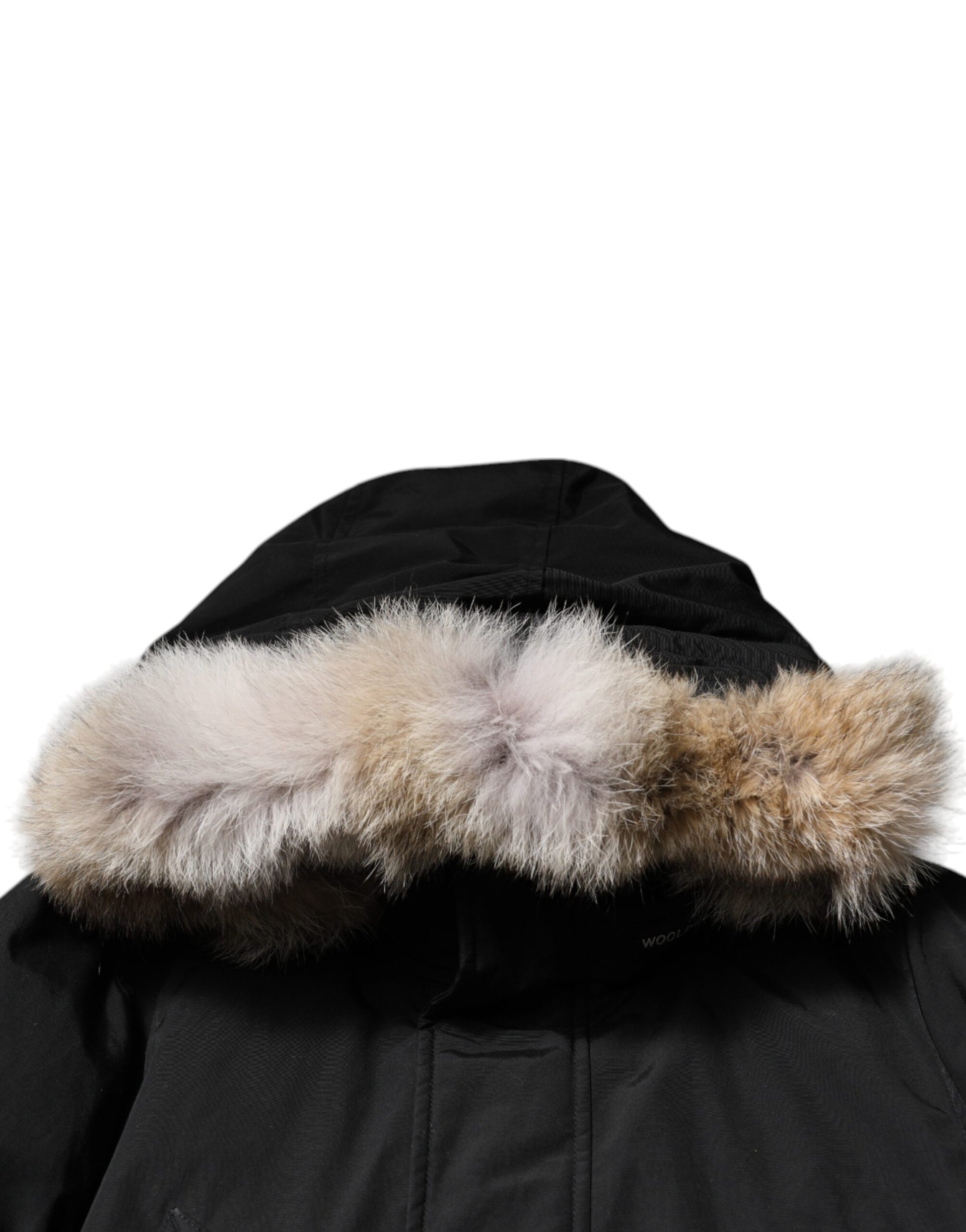 Woolrich – Schwarze, langärmlige Manteljacke aus Pelz und Lammfell mit Kapuze