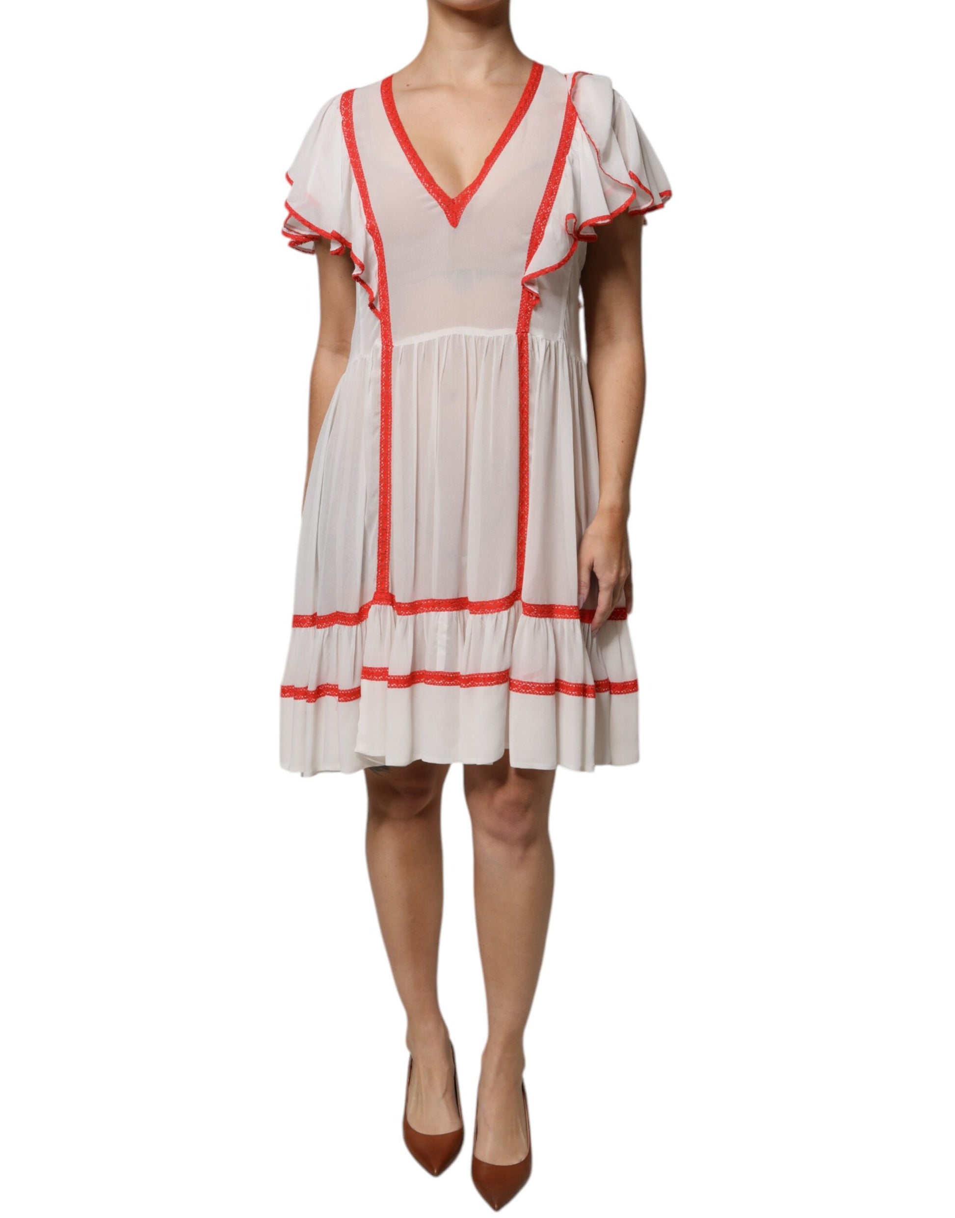 Twinset – Weißes A-Linien-Minikleid aus Viskose mit Rüschenärmeln und Plissee