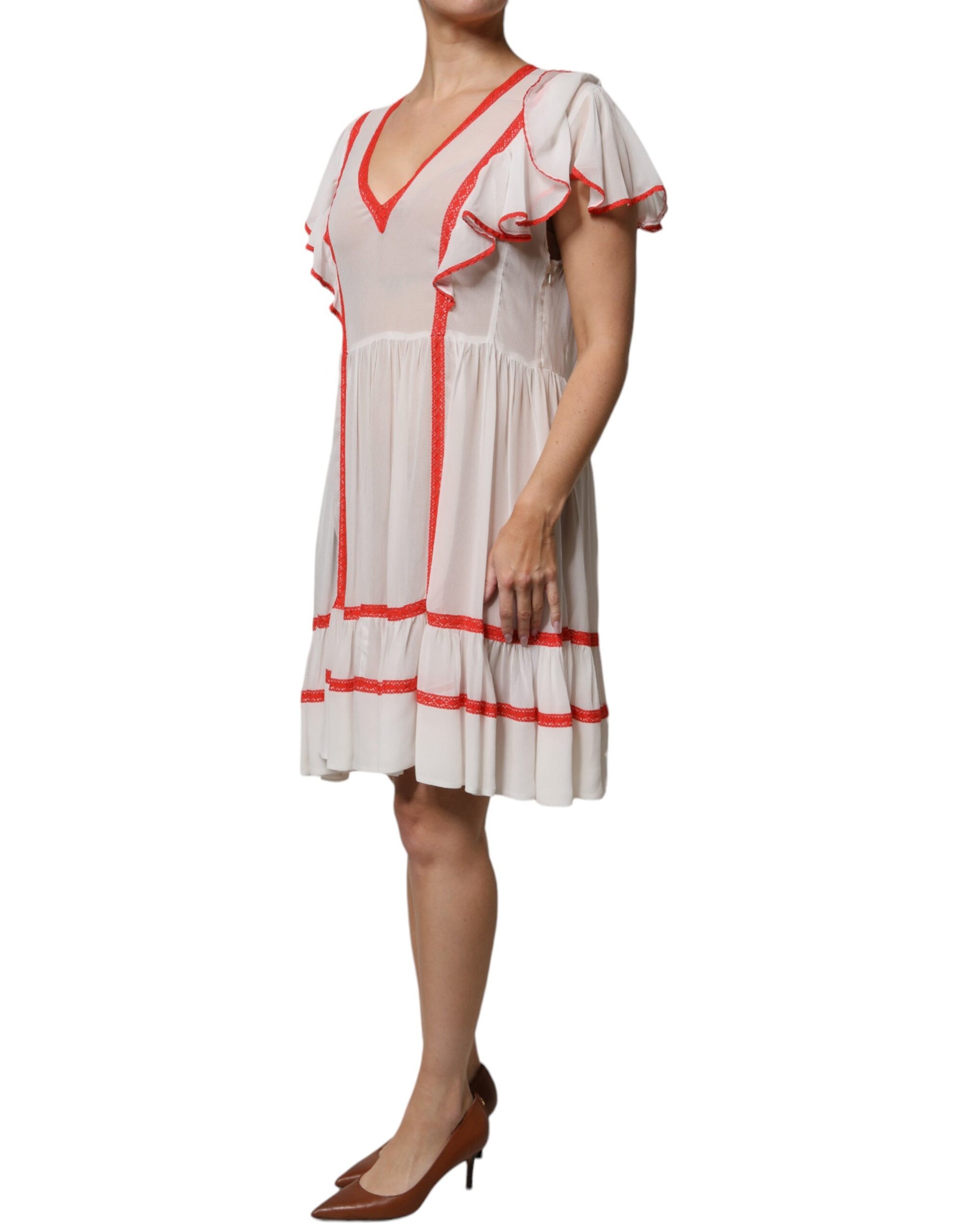 Twinset – Weißes A-Linien-Minikleid aus Viskose mit Rüschenärmeln und Plissee