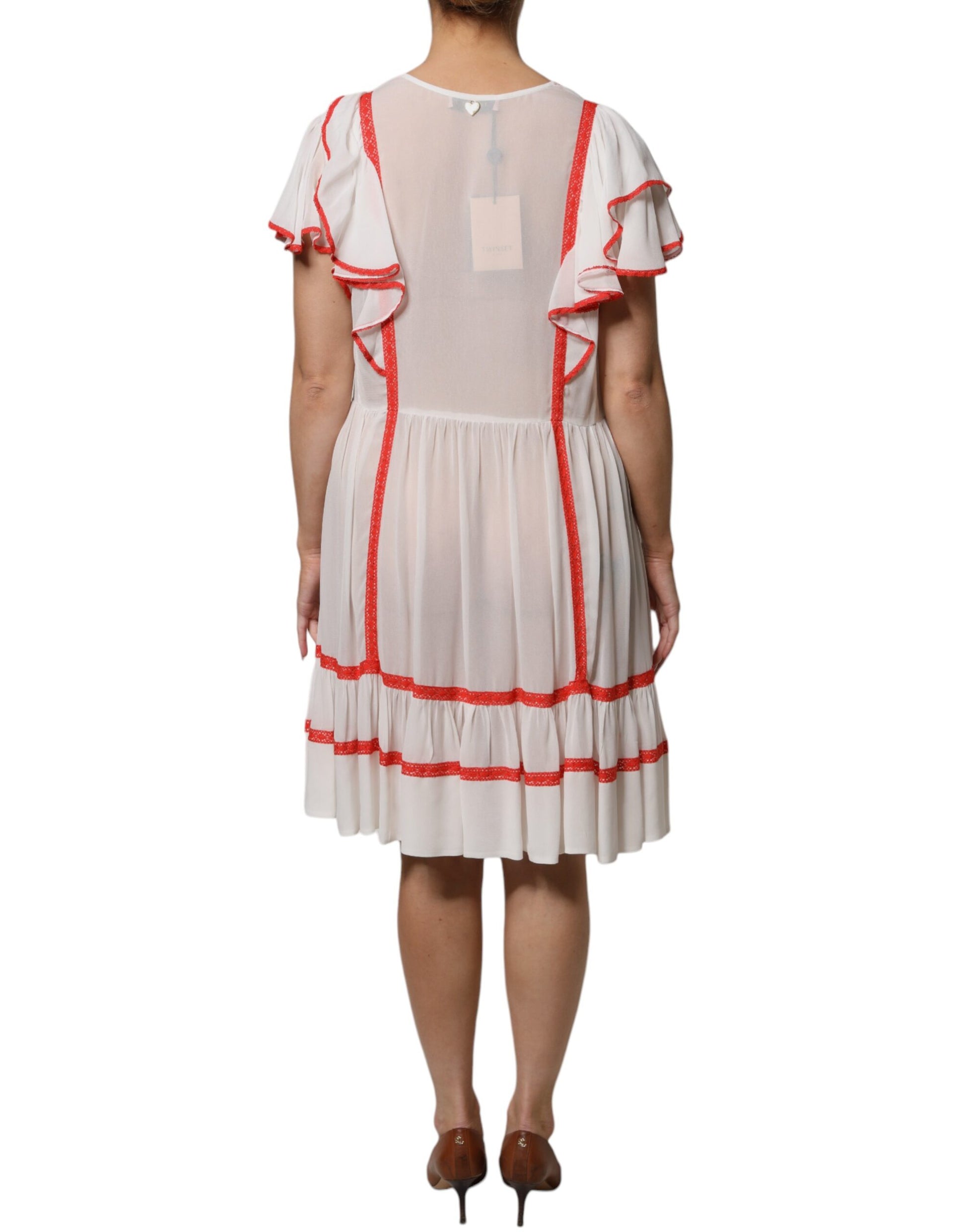Twinset – Weißes A-Linien-Minikleid aus Viskose mit Rüschenärmeln und Plissee