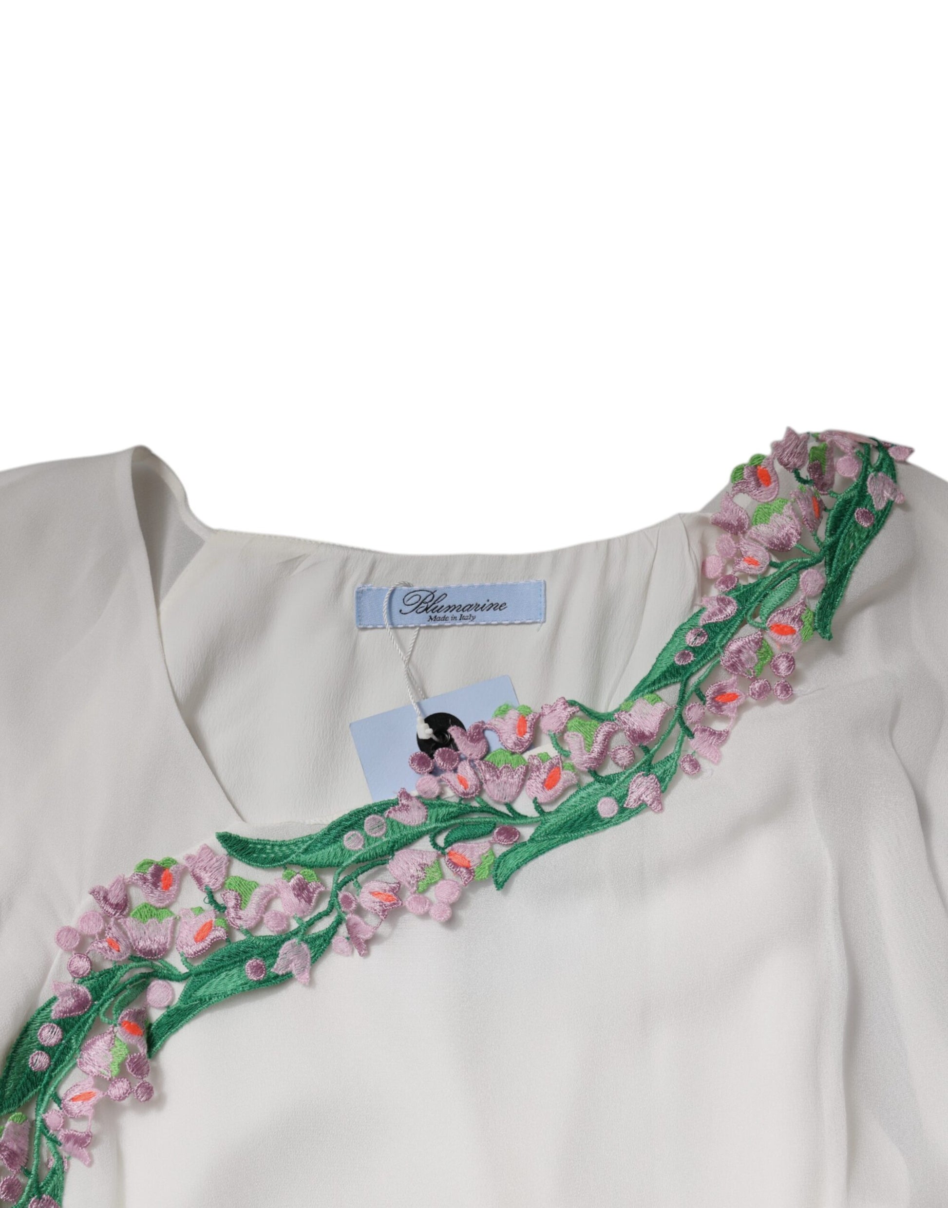 Blumarine – Weißes Etuikleid aus Viskose-Chiffon mit Blumenstickerei