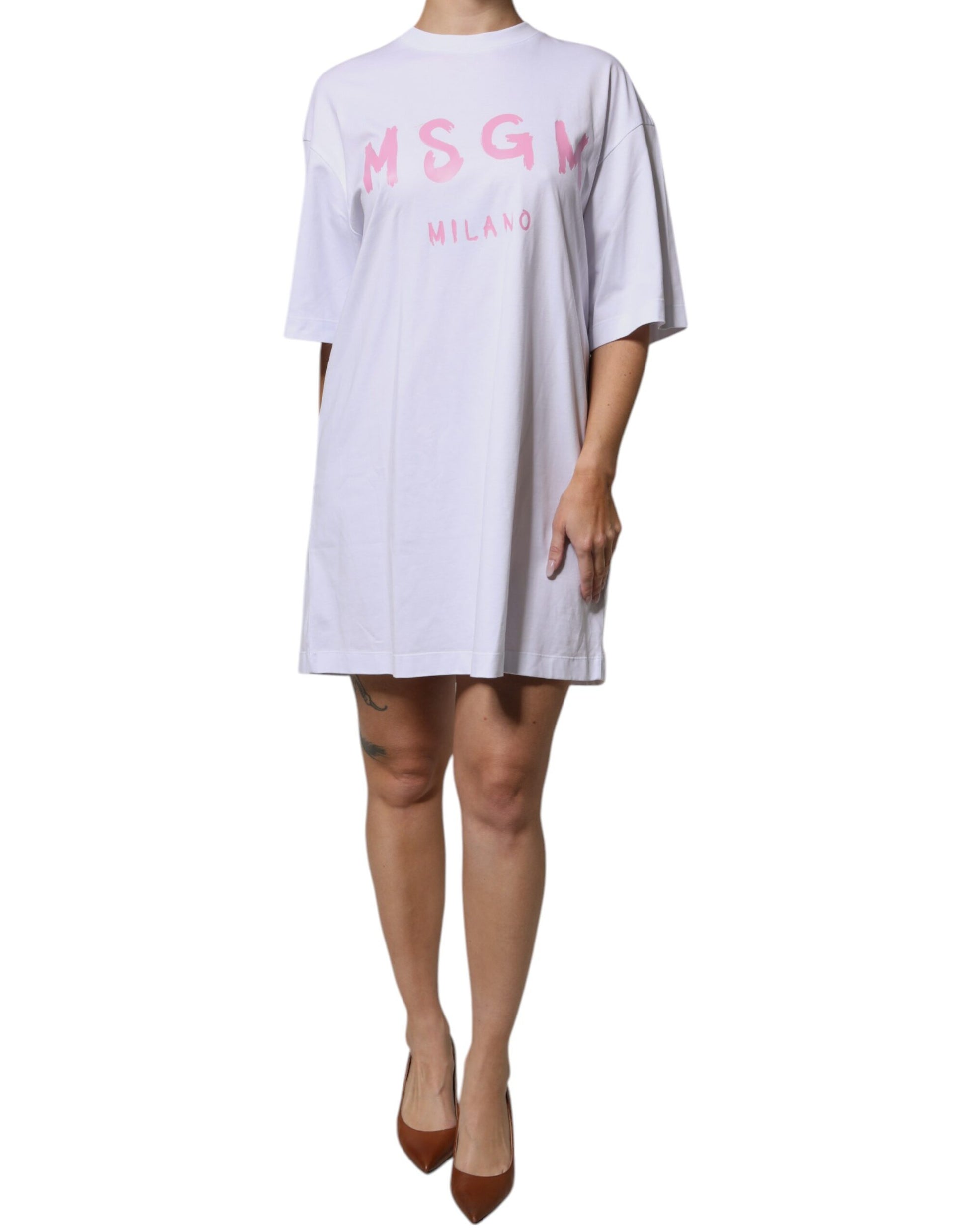 MSGM Weißes Baumwoll-T-Shirt mit Logo-Print und kurzen Ärmeln, Minikleid