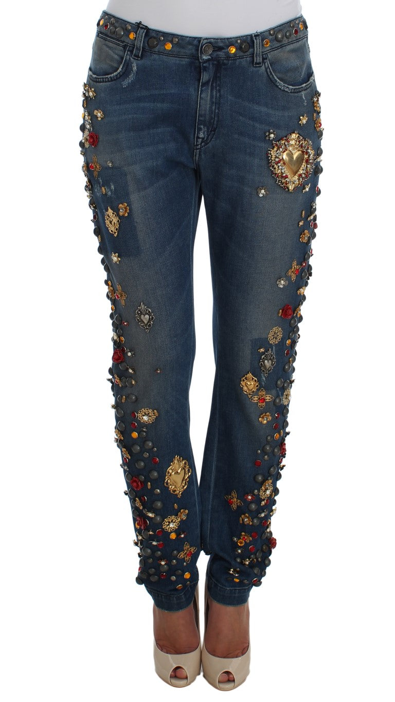 Jeans ornés de cœurs et de roses en cristal Dolce & Gabbana