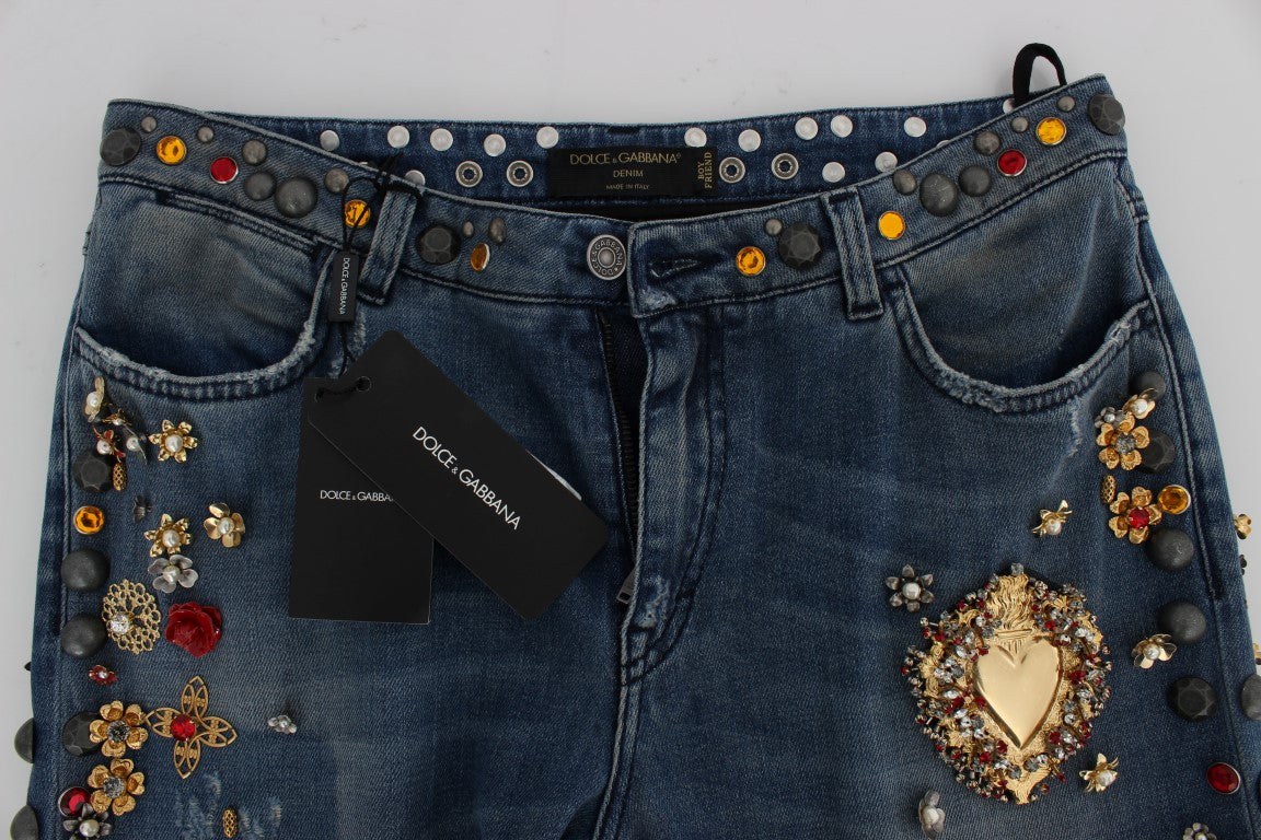 Jeans ornés de cœurs et de roses en cristal Dolce & Gabbana