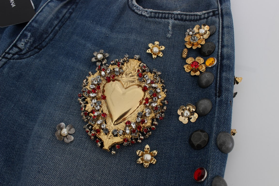 Jeans ornés de cœurs et de roses en cristal Dolce & Gabbana