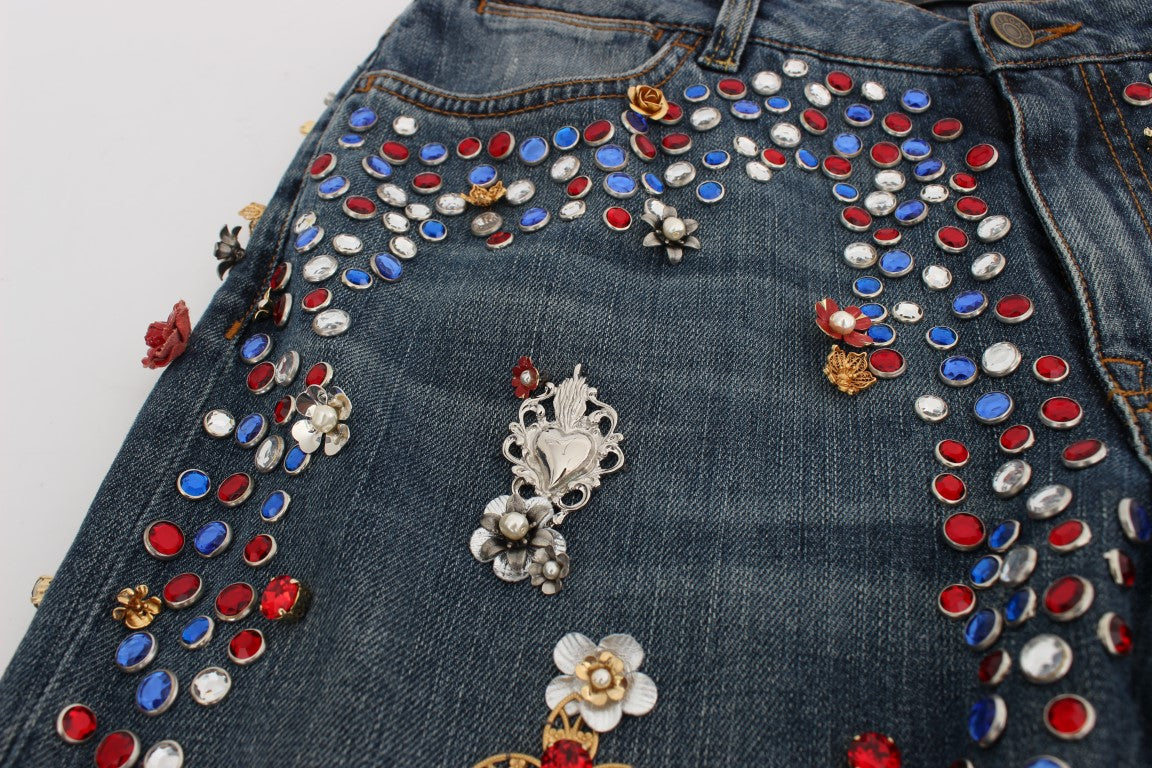 Jeans ornés de cœurs et de roses en cristal Dolce & Gabbana
