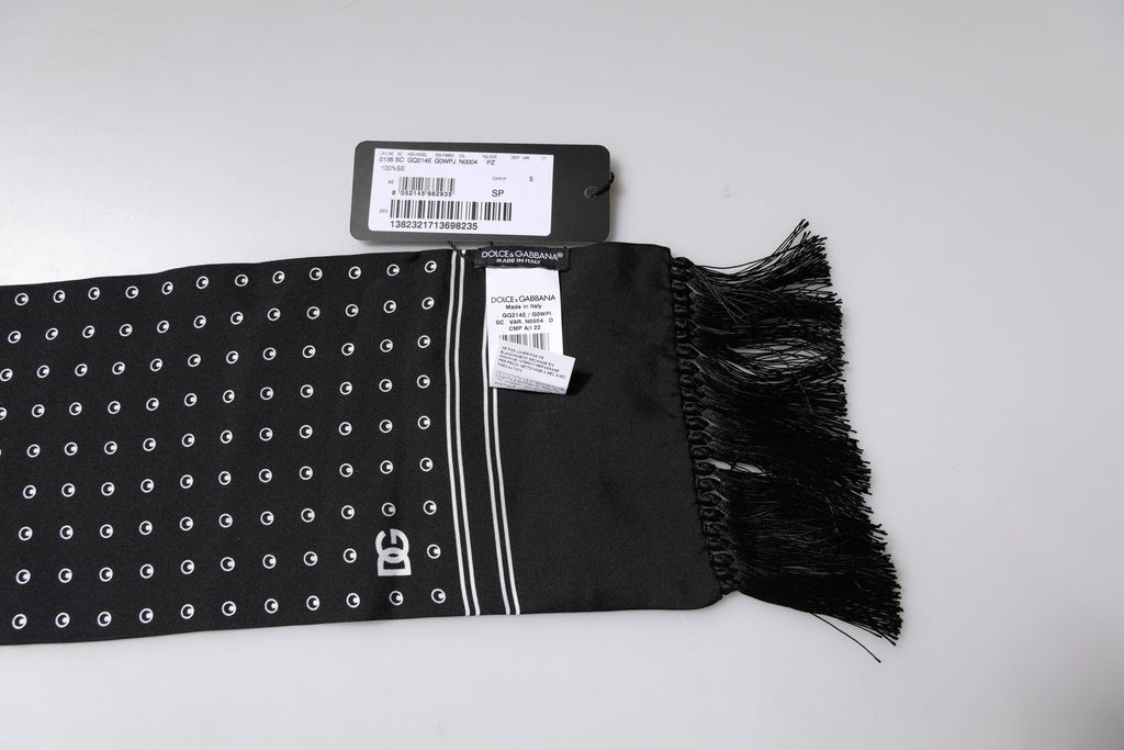 Écharpe fine en soie à pois noirs et blancs et franges Dolce & Gabbana