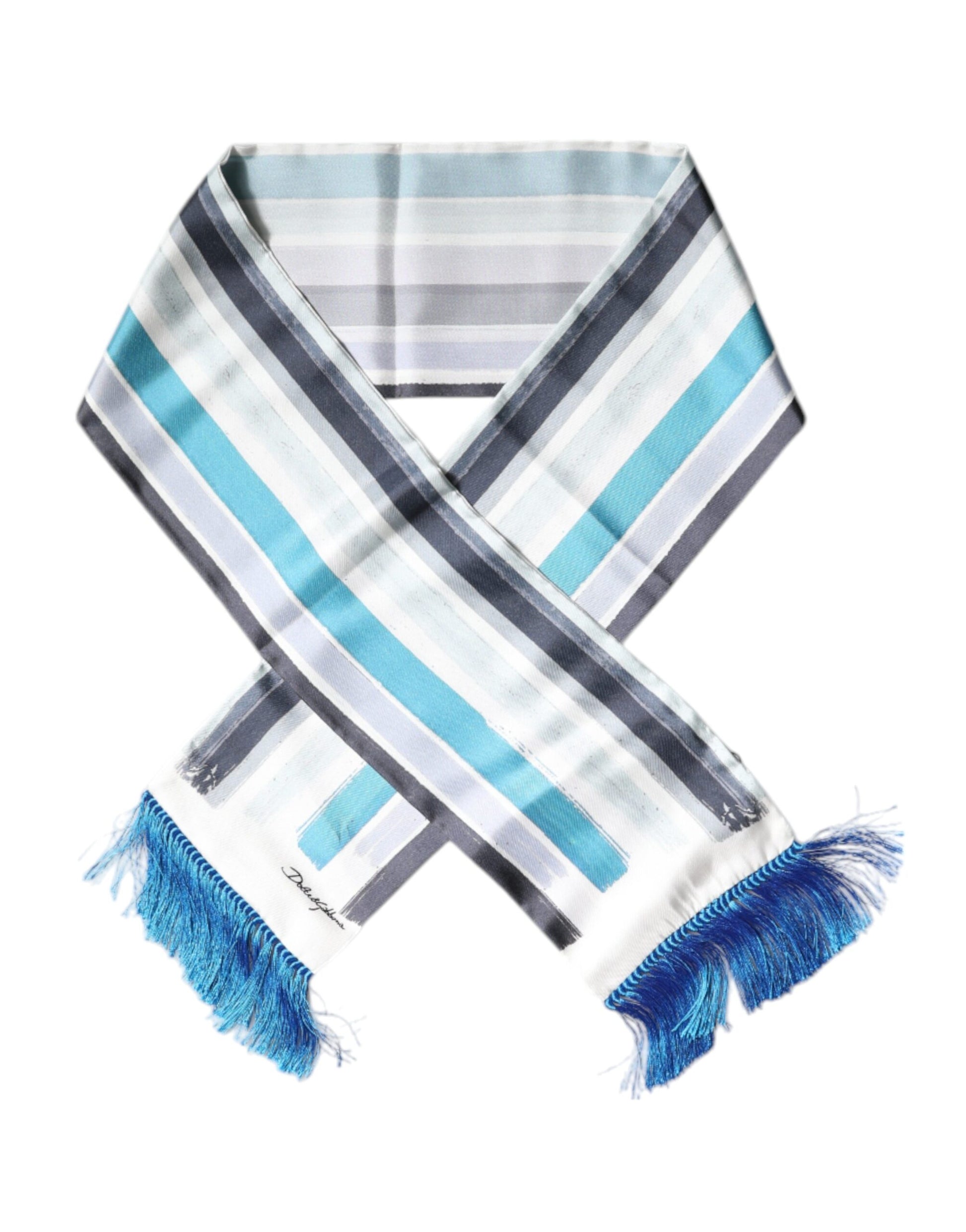 Écharpe Dolce & Gabbana en soie à rayures blanches et bleues avec franges