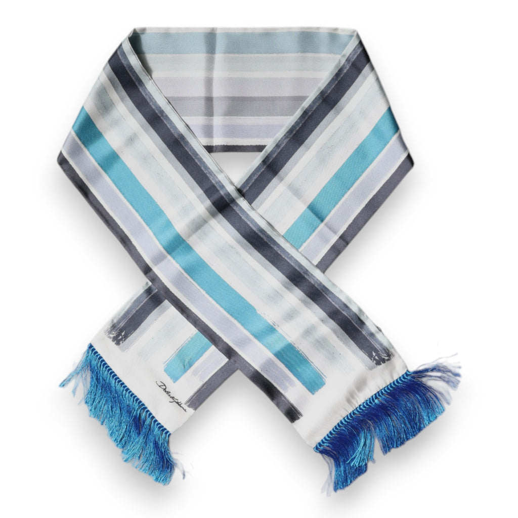 Écharpe Dolce & Gabbana en soie à rayures blanches et bleues avec franges