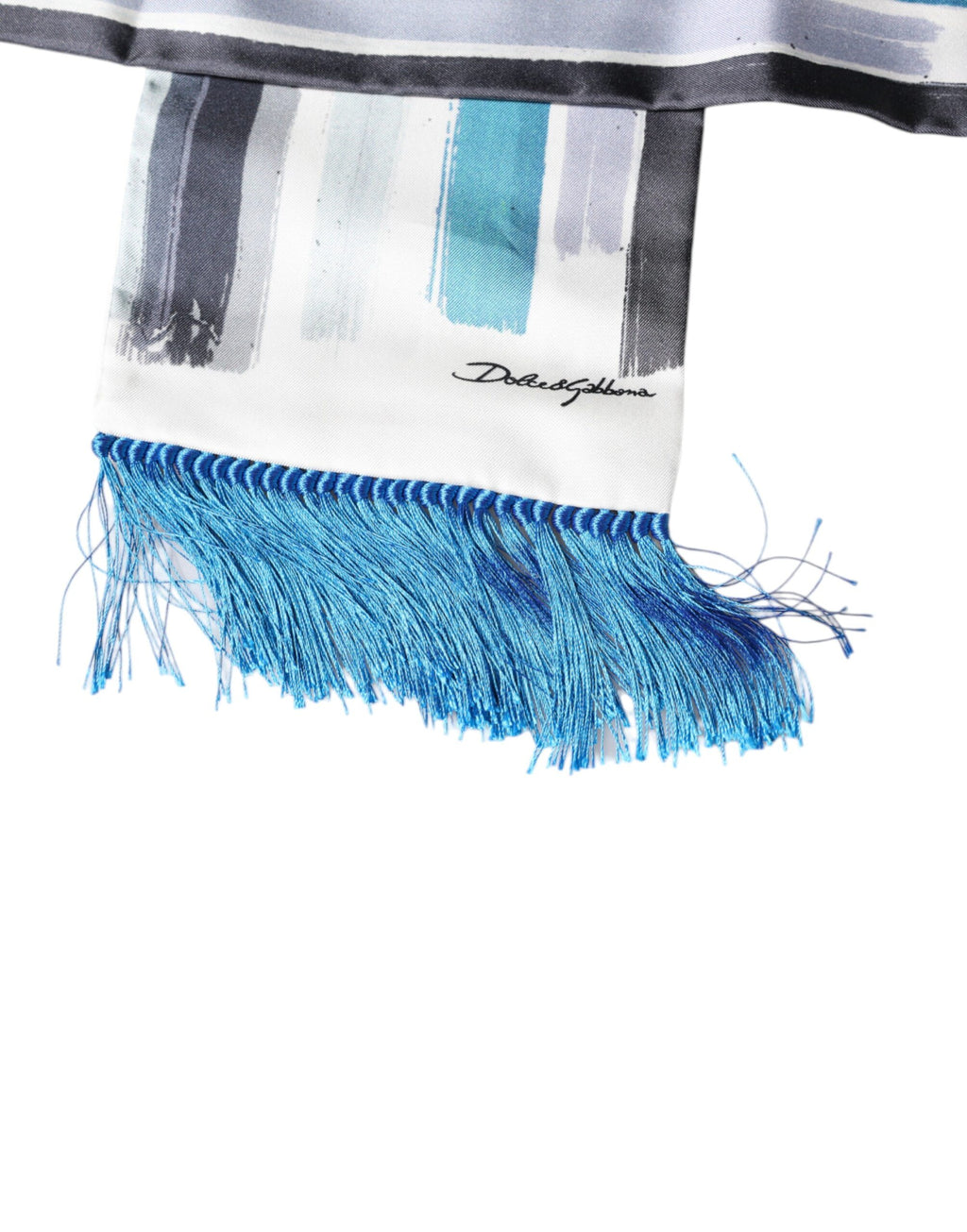 Écharpe Dolce & Gabbana en soie à rayures blanches et bleues avec franges