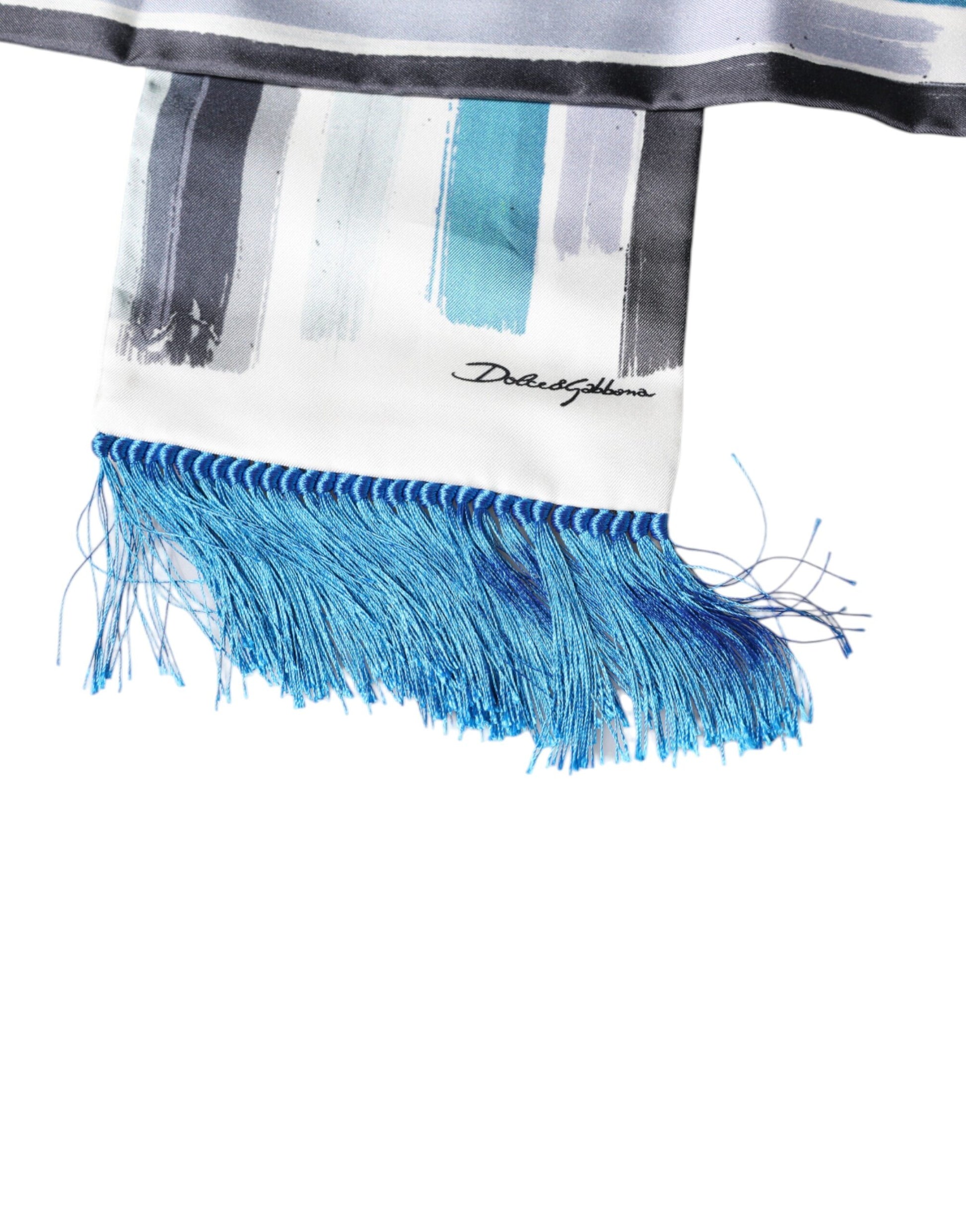 Écharpe Dolce & Gabbana en soie à rayures blanches et bleues avec franges