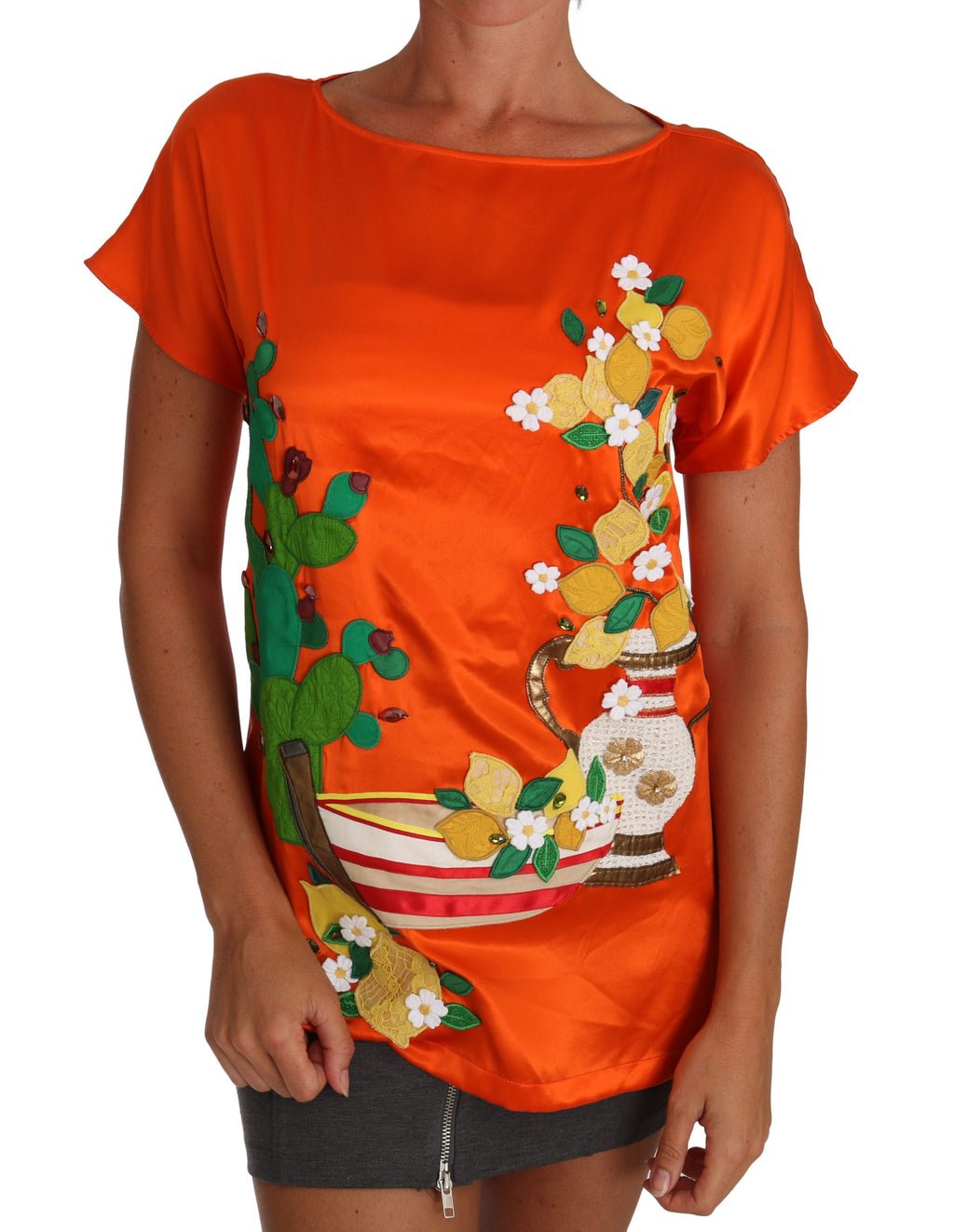 T-shirt Dolce & Gabbana en soie orange avec citrons et cristaux
