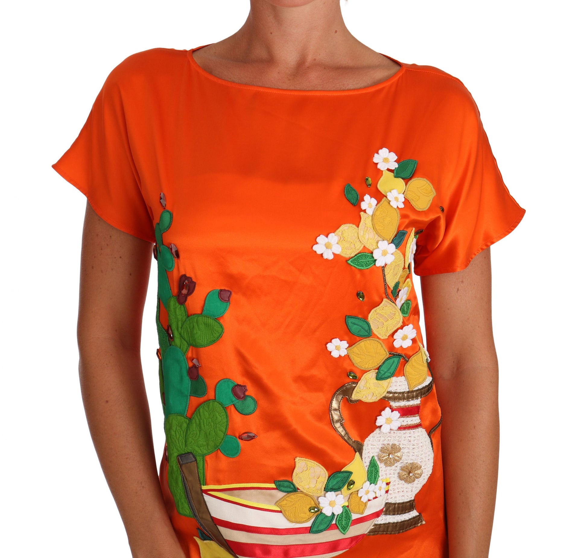 T-shirt Dolce & Gabbana en soie orange avec citrons et cristaux