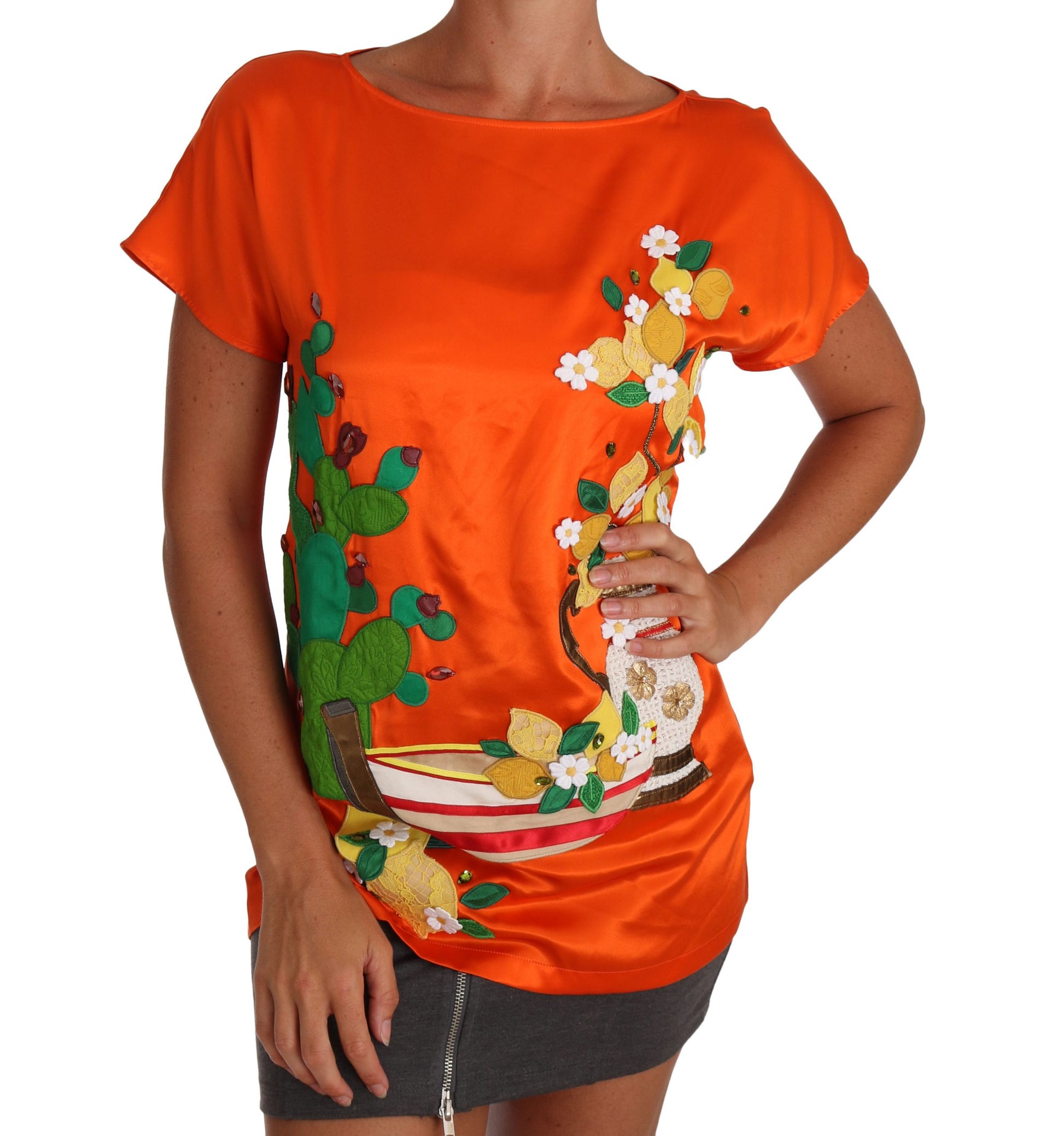 T-shirt Dolce & Gabbana en soie orange avec citrons et cristaux